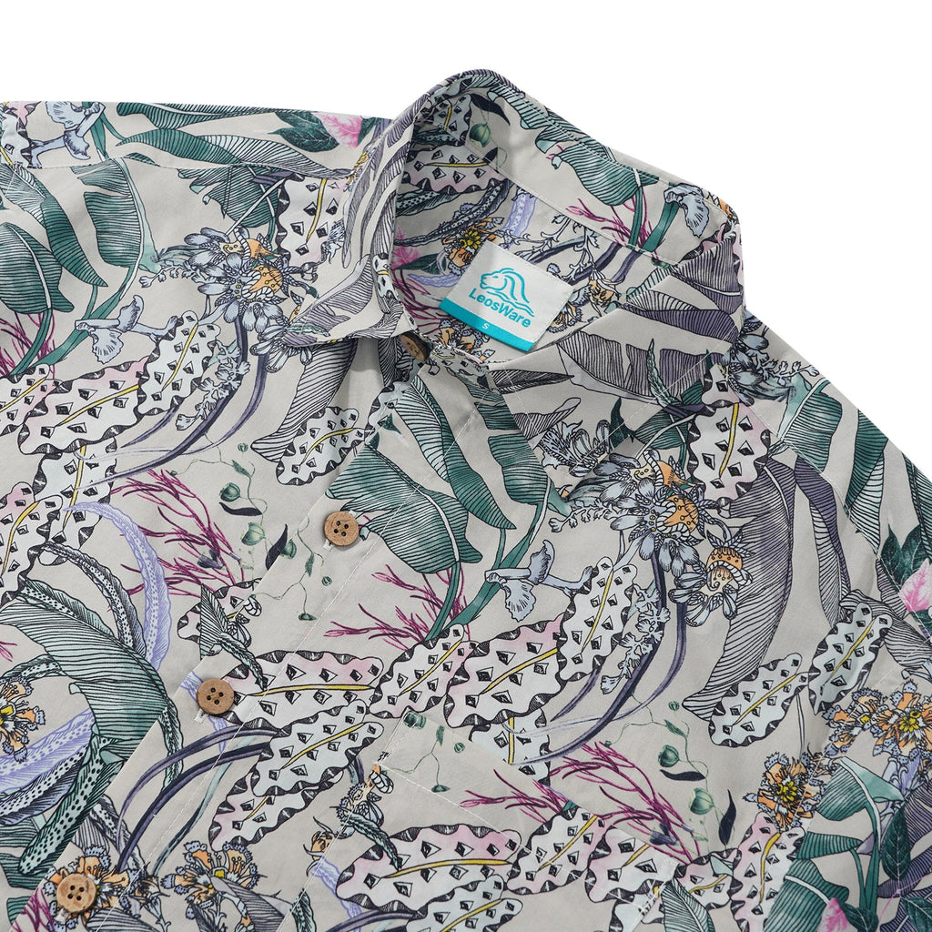 LeosWare® Men's Hawaiian Shirt Short Sleeve Button-up 100% Cotton Beige Aloha Fresh Tropical Plant Art By Ethan