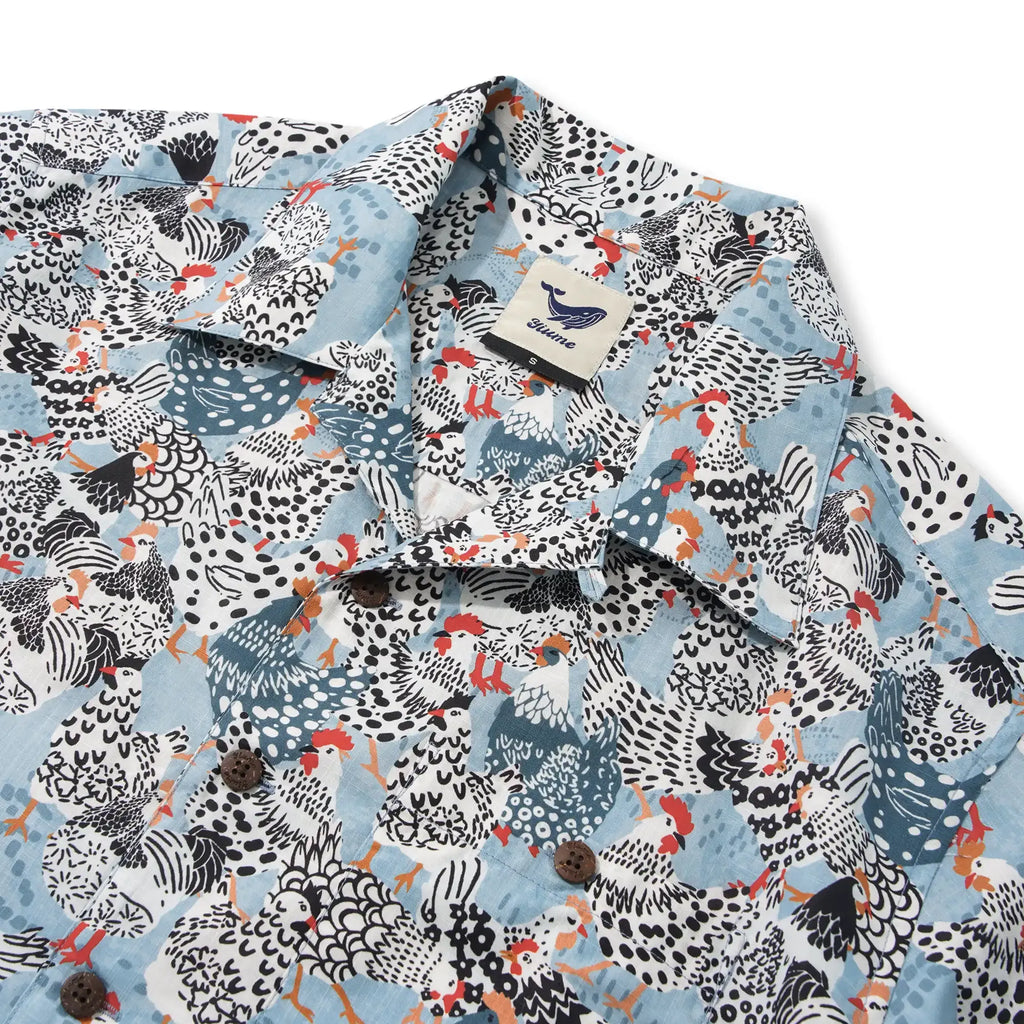 Men's Hawaiian Shirt Short Sleeve Camp Collar 100% Cotton Blue Aloha Clucking Chicken Friends By Annick