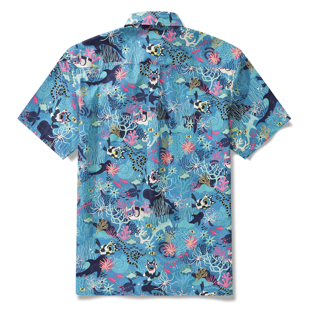 Men's Blue Hawaiian Shirt Fish & Turtle Shirt Short Sleeve Button-down 100% Cotton Blue Aloha Dive Pup By Zeke