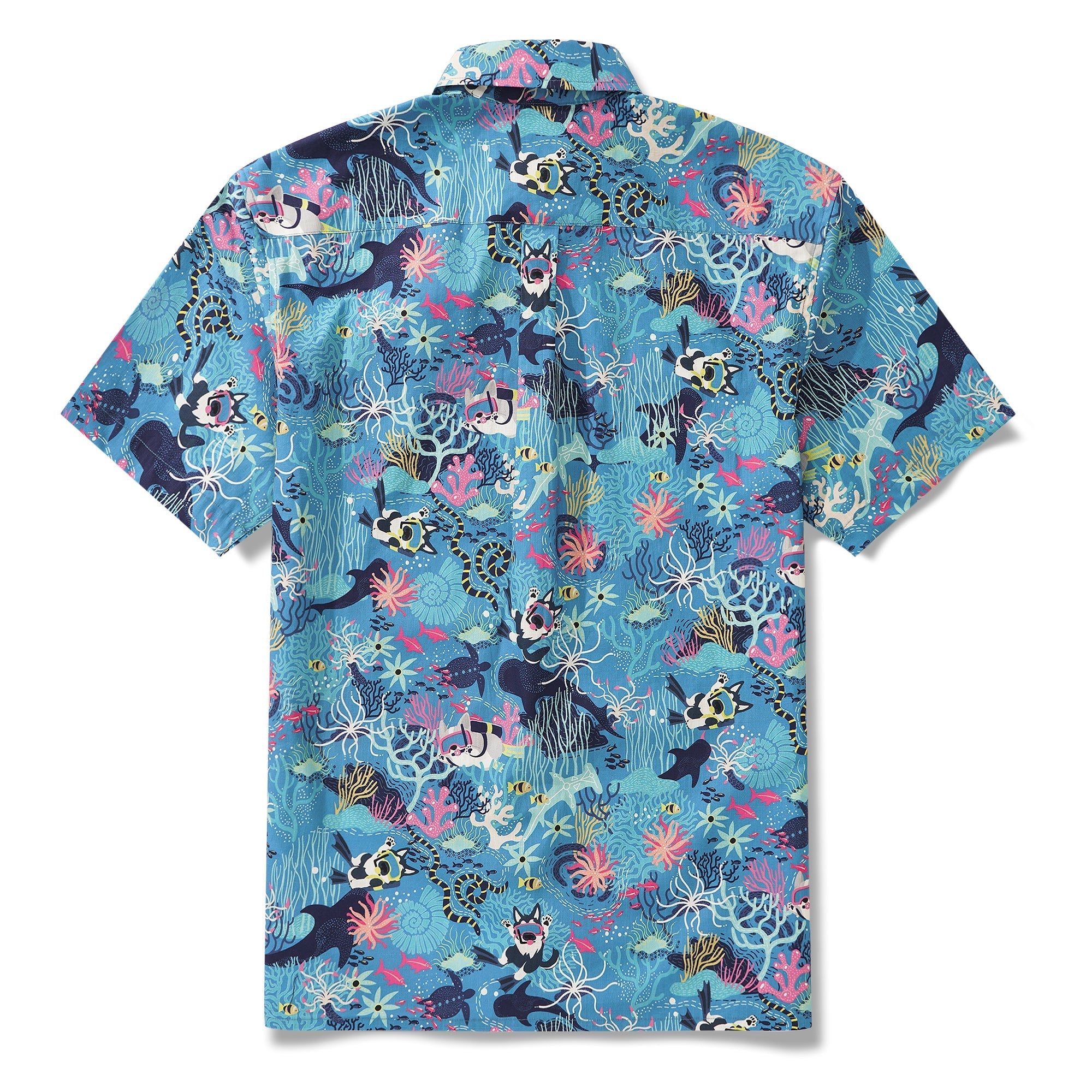 Men's Blue Hawaiian Shirt Fish & Turtle Shirt Short Sleeve Button-down 100% Cotton Blue Aloha Dive Pup By Zeke