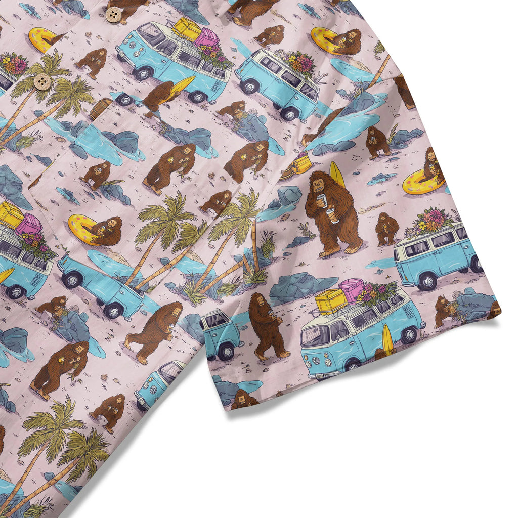 LeosWare® Men's Hawaiian Shirt Short Sleeve Button-up 100% Cotton Aloha Pink Camping With Bigfoot By Ann