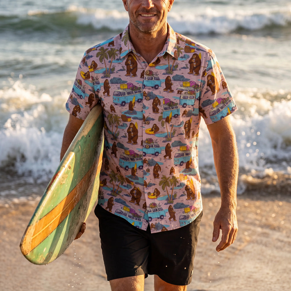 LeosWare® Men's Hawaiian Shirt Short Sleeve Button-up 100% Cotton Aloha Pink Camping With Bigfoot By Ann