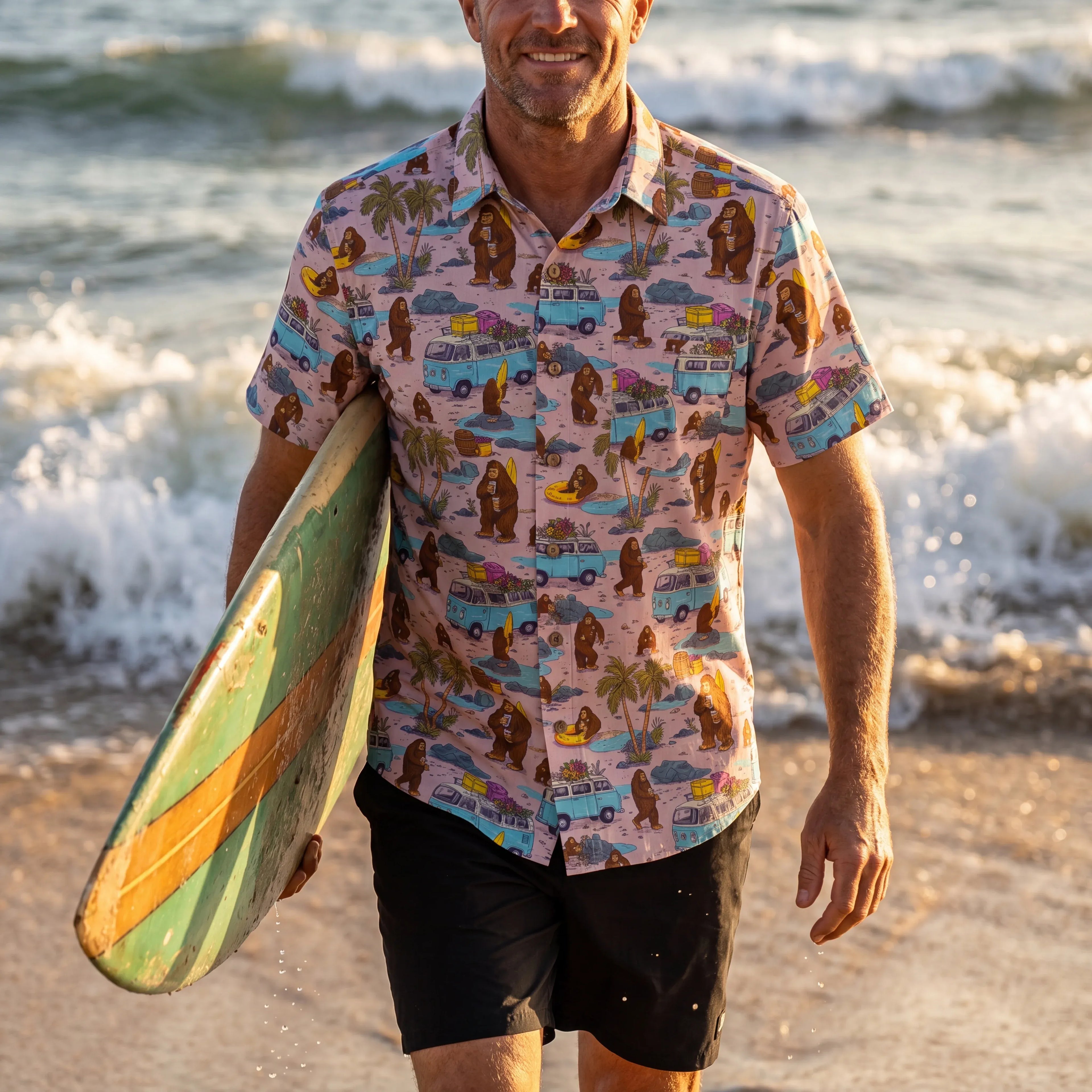 LeosWare® Men's Hawaiian Shirt Short Sleeve Button-up 100% Cotton Aloha Pink Camping With Bigfoot By Ann