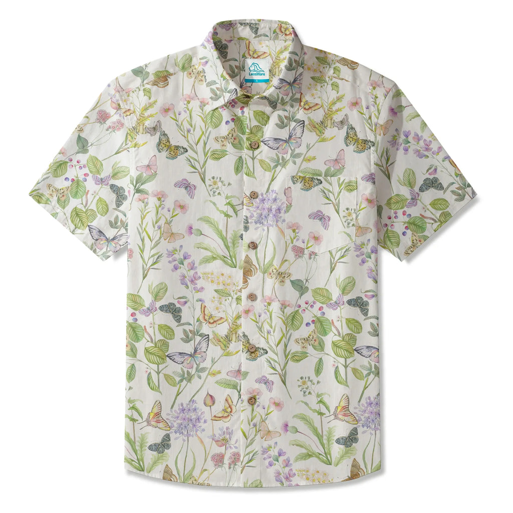 LeosWare® Men's Hawaiian Shirt Short Sleeve Button-up 100% Cotton Green Aloha Butterfly And Floral Fantasy By Huan huan