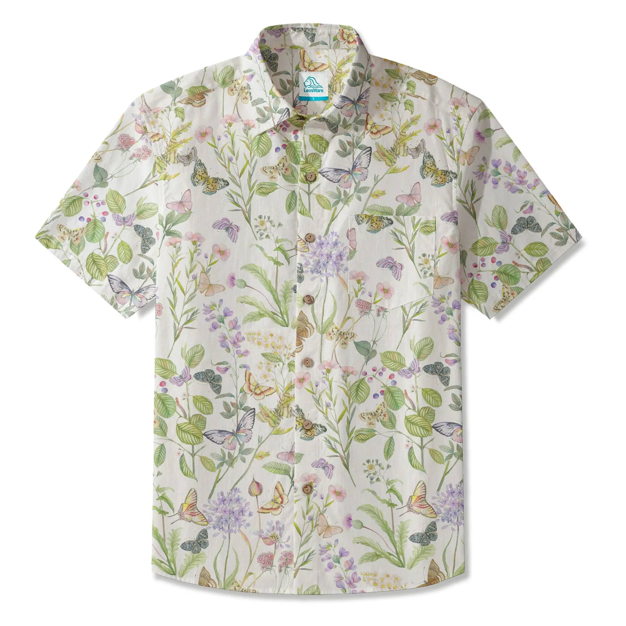 LeosWare® Men's Hawaiian Shirt Short Sleeve Button-up 100% Cotton Green Aloha Butterfly And Floral Fantasy By Huan huan