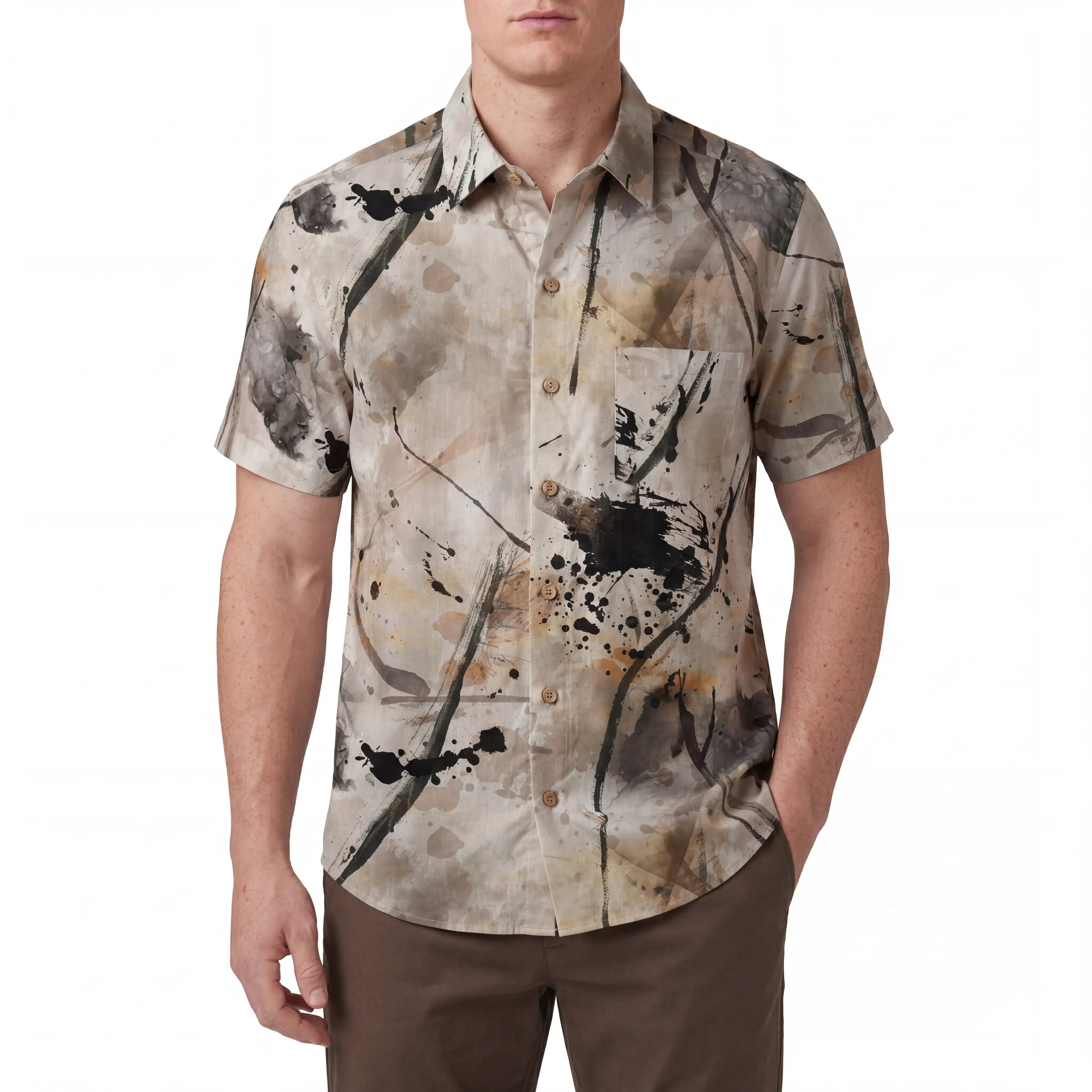 Chemise hawaïenne pour hommes LeosWare® à manches courtes, boutonnée en 100 % coton, marron Aloha Journey Of Abstraction par Huan huan