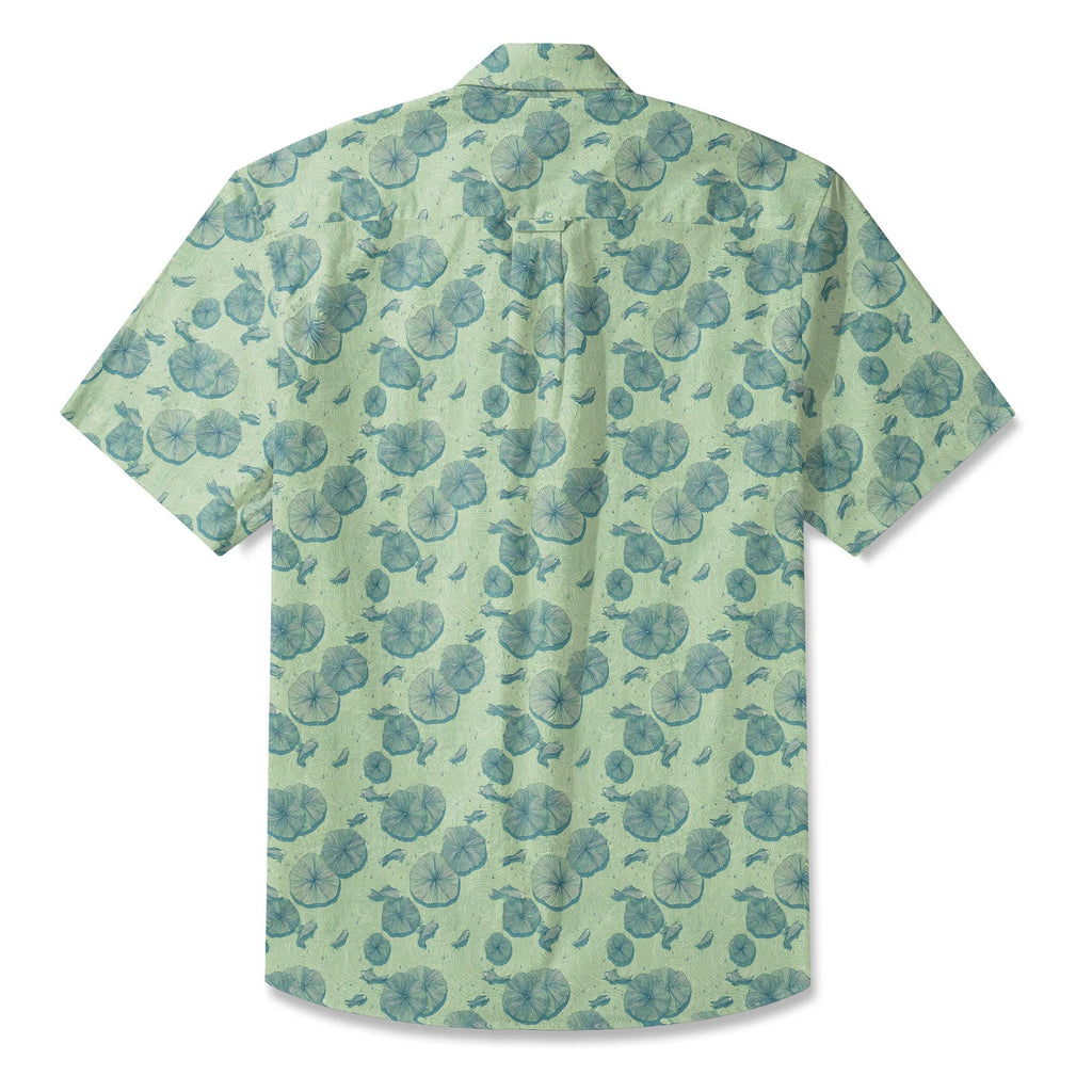 LeosWare® Chemise Hawaïenne pour Homme à Manches Courtes Boutonnée 100% Coton Vert Aloha Étang de Lotus en Début d'Été Par Ann