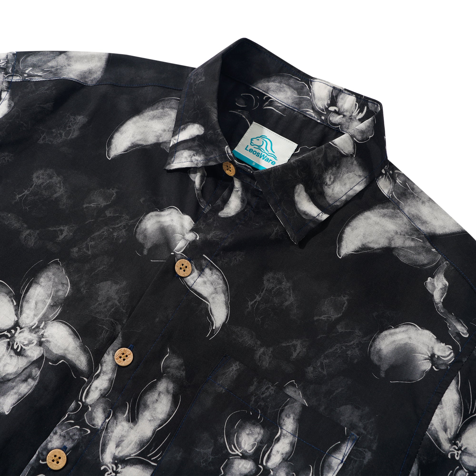 LeosWare® Men's Hawaiian Shirt Short Sleeve Button-up 100% Cotton Black Aloha Ink Wash Floral Silhouette By Ethan