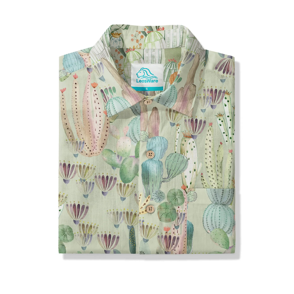 LeosWare® Men's Hawaiian Shirt Short Sleeve Button-up 100% Cotton Green Aloha Cactus Paradise By Huan huan