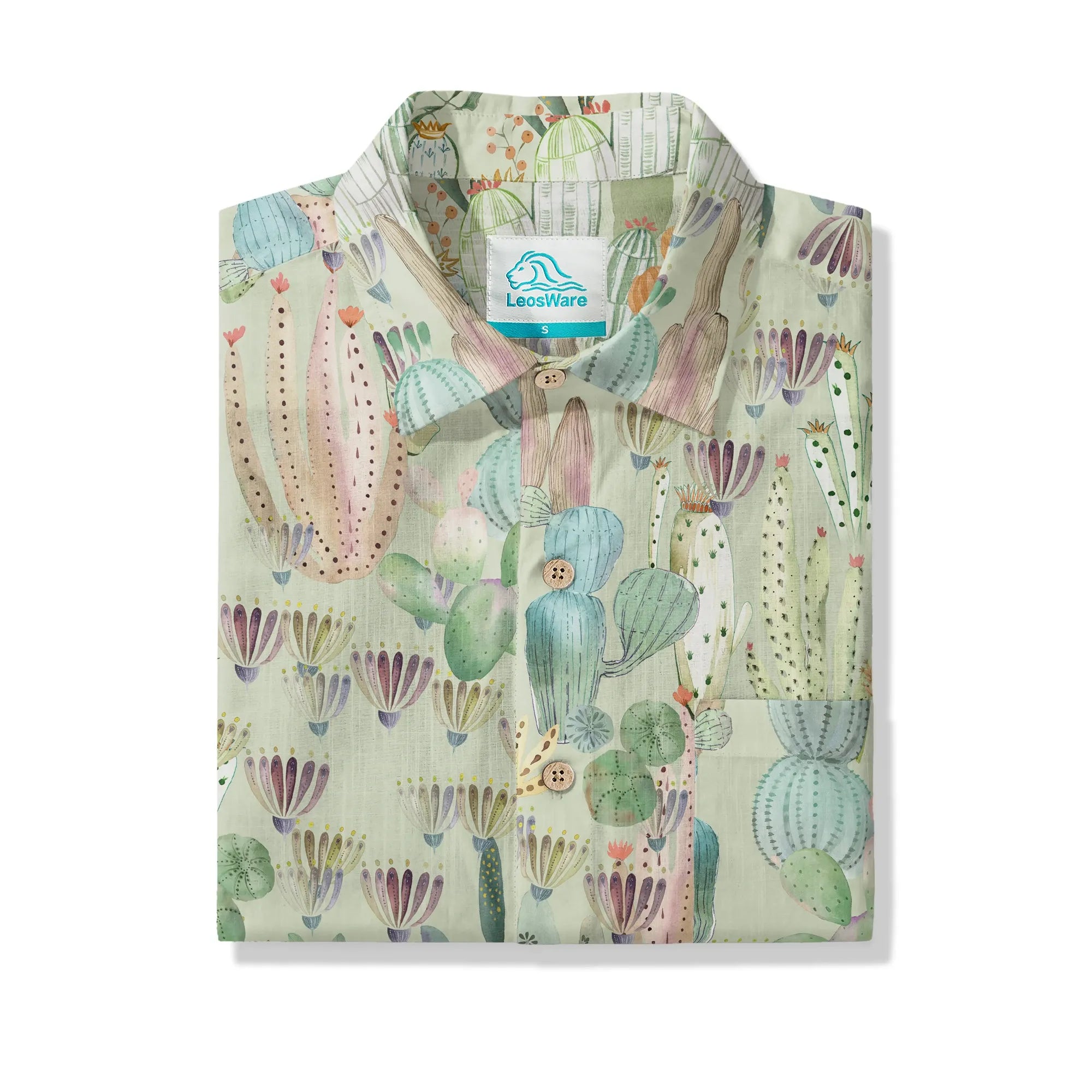LeosWare® Men's Hawaiian Shirt Short Sleeve Button-up 100% Cotton Green Aloha Cactus Paradise By Huan huan