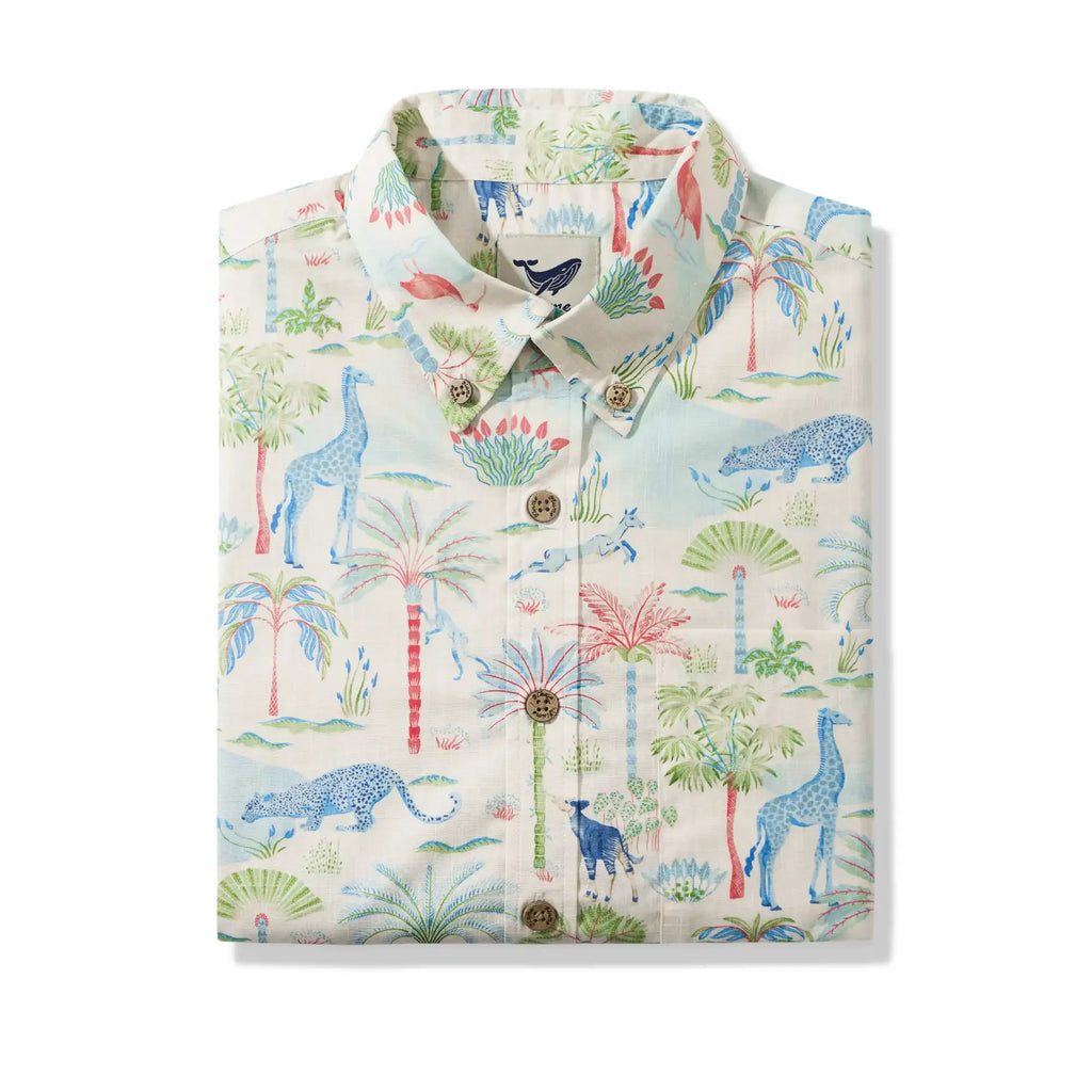 Men's Hawaiian Shirt Short Sleeve Button-down 100% Cotton Beige Aloha Talab Oasis Under The Palm Trees By House of Haricot