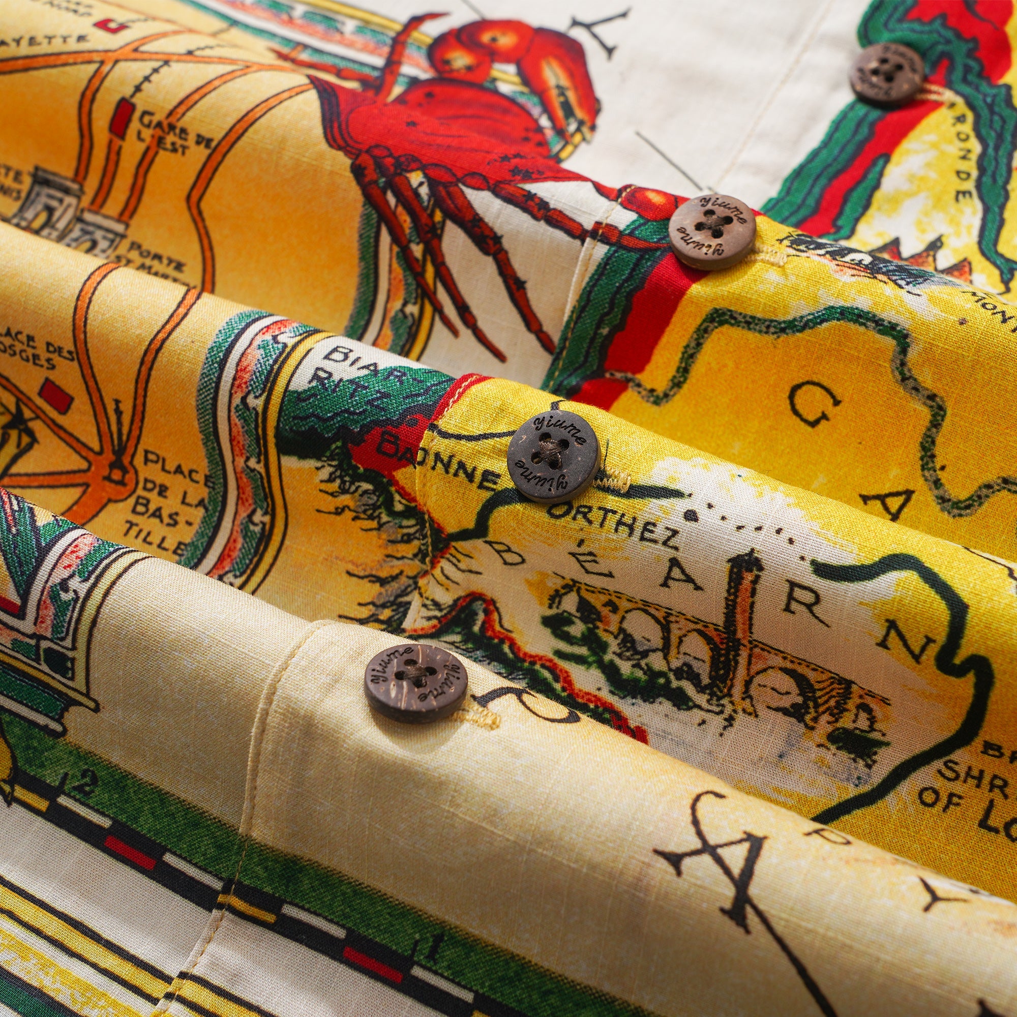Men's Hawaiian Shirt Short Sleeve Camp Collar 100% Cotton Yellow Aloha Vintage Map By DUDU
