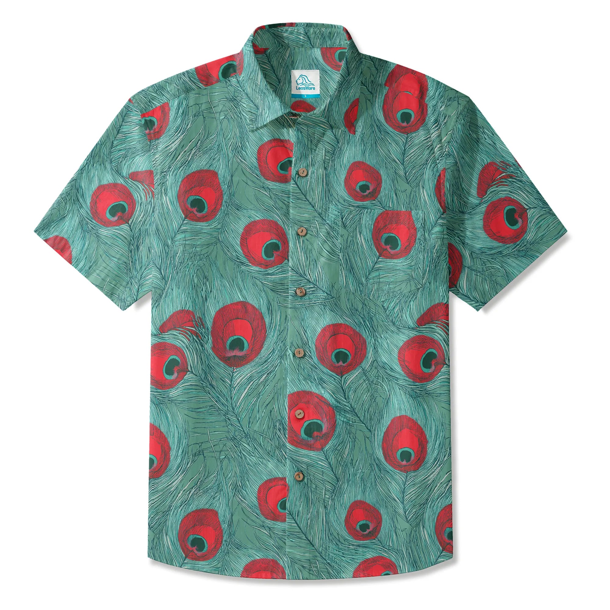 LeosWare® Men's Hawaiian Shirt Short Sleeve Button-up 100% Cotton Green Aloha Crimson Iris Blue Feathers By Ann