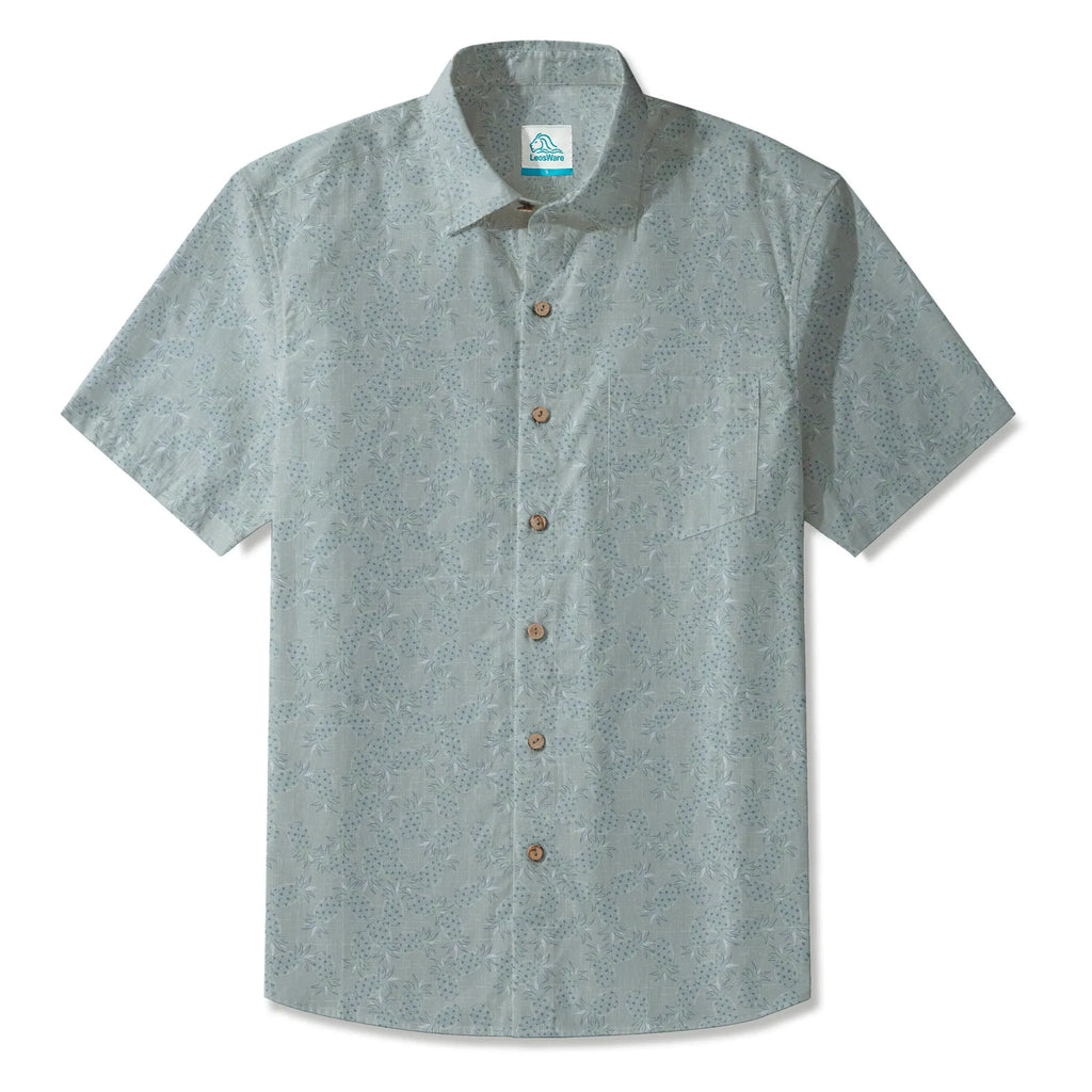 LeosWare® Men's Hawaiian Shirt Short Sleeve Button-up 100% Cotton Gray Aloha Vintage Pineapple Mist Shadow By Huan huan