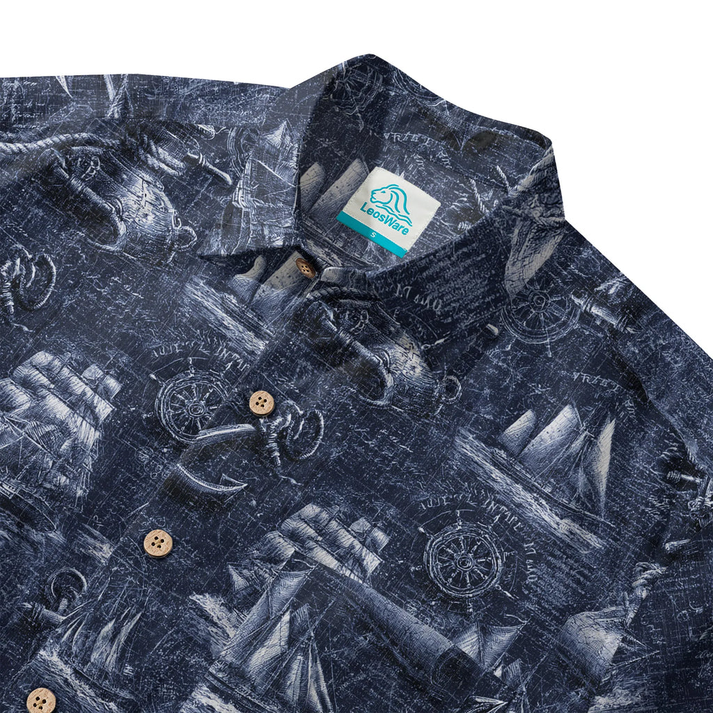 LeosWare® Men's Hawaiian Shirt Short Sleeve Button-up 100% Cotton Blue Aloha Retro Nautical Logbook By Ann