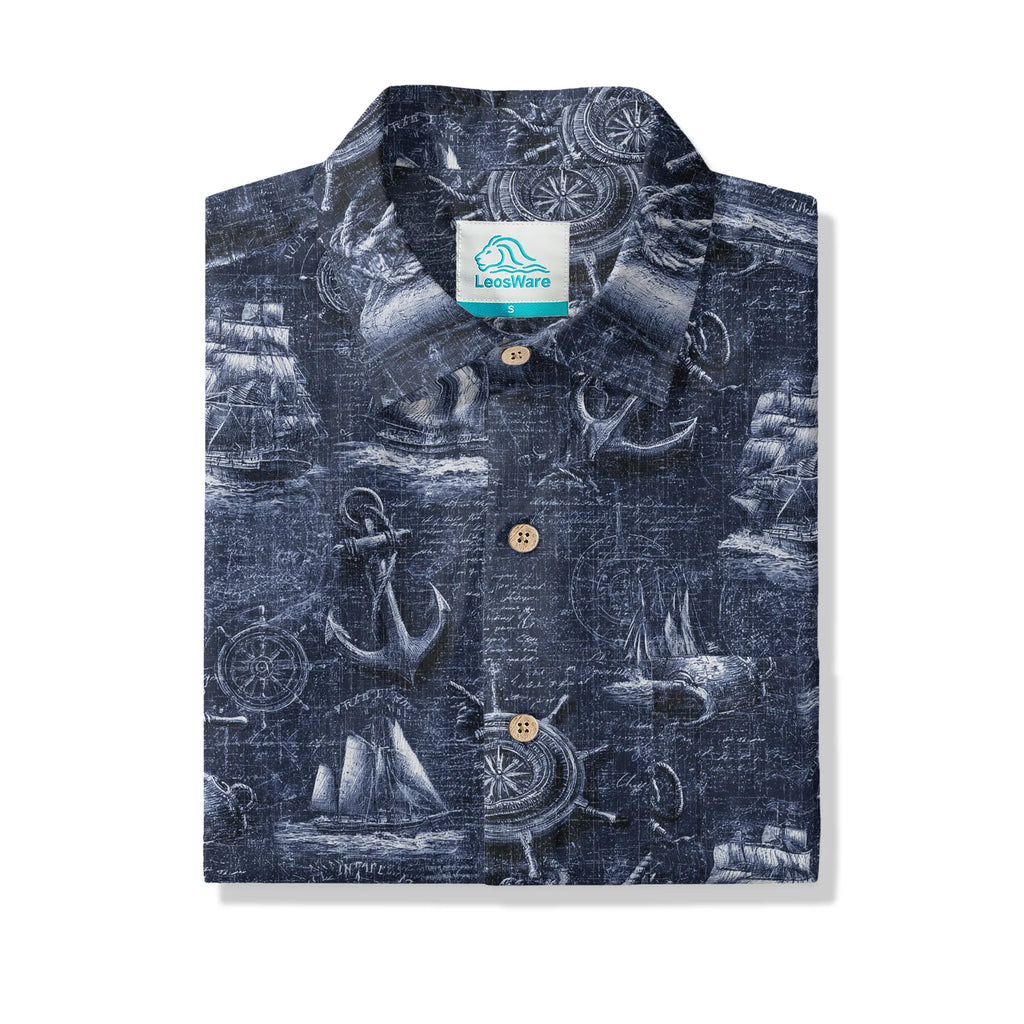 LeosWare® Men's Hawaiian Shirt Short Sleeve Button-up 100% Cotton Blue Aloha Retro Nautical Logbook By Ann