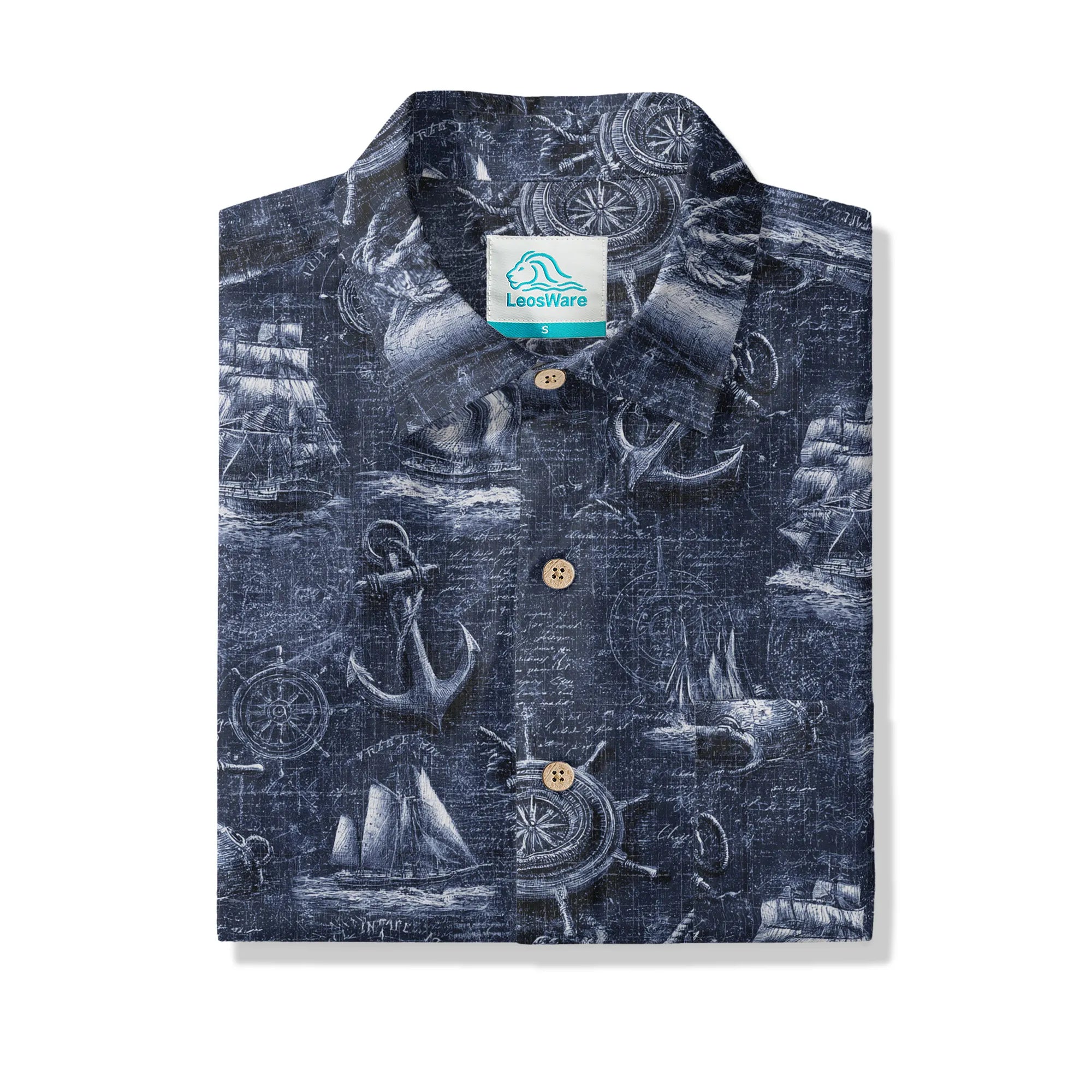 LeosWare® Men's Hawaiian Shirt Short Sleeve Button-up 100% Cotton Blue Aloha Retro Nautical Logbook By Ann