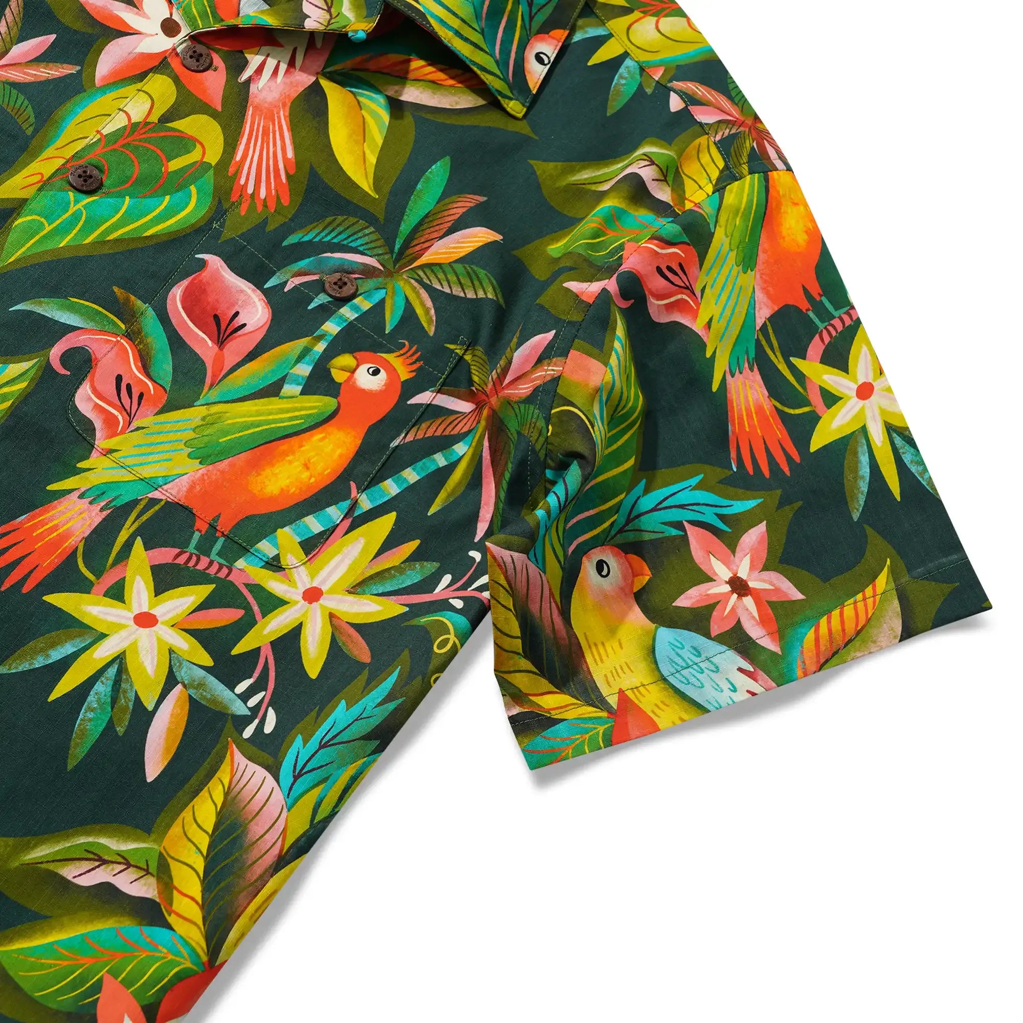 Men's Hawaiian Shirt Short Sleeve Camp Collar 100% Cotton Green Aloha Parrots In The Jungle By Uta Krogmann
