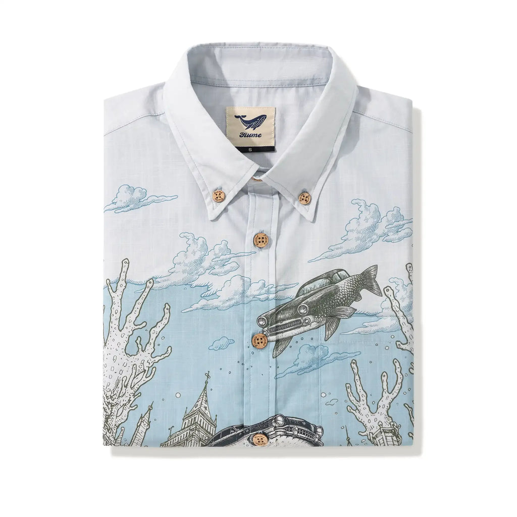 Men's Hawaiian Shirt Short Sleeve Button-down 100% Cotton Blue Aloha Atlantis Coral Cruisers By Cigar