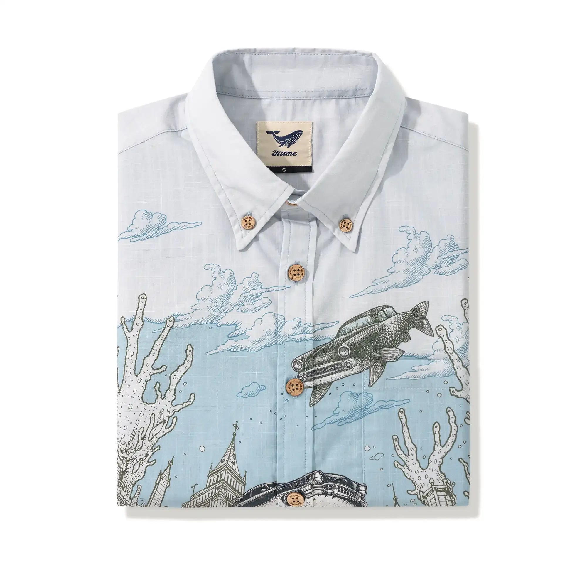 Men's Hawaiian Shirt Short Sleeve Button-down 100% Cotton Blue Aloha Atlantis Coral Cruisers By Cigar