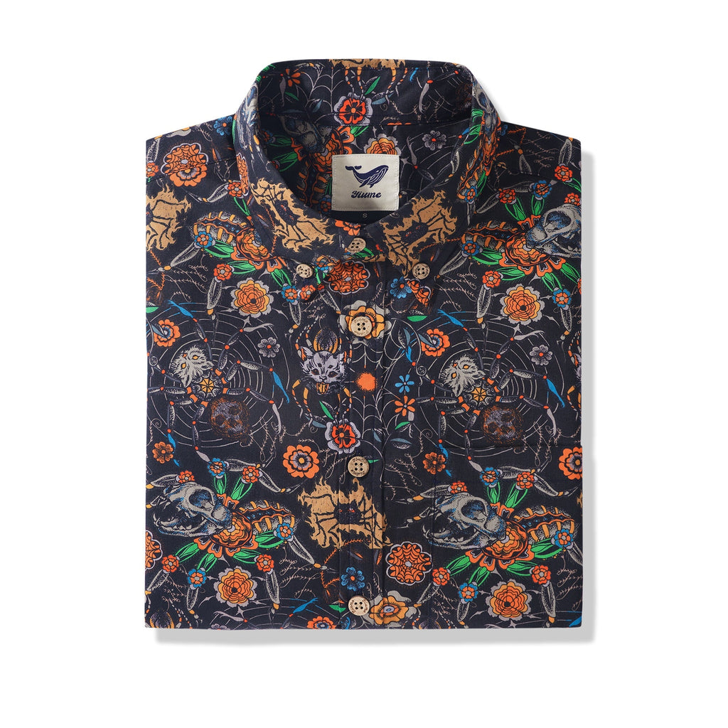 Halloween Gift Men's Hawaiian Shirt Short Sleeve Button-down 100% Cotton Black Aloha Spider Cat By Sophia