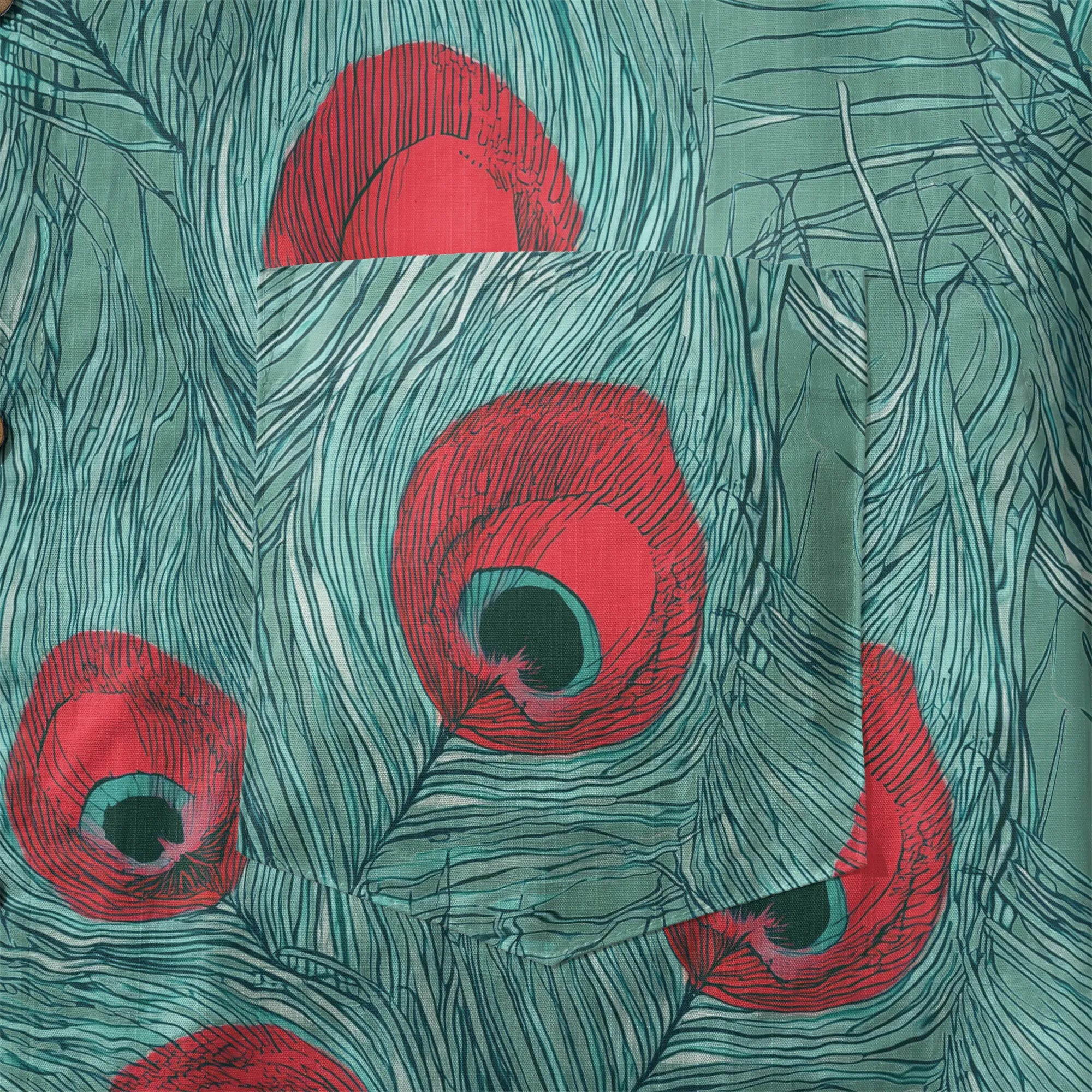 LeosWare® Men's Hawaiian Shirt Short Sleeve Button-up 100% Cotton Green Aloha Crimson Iris Blue Feathers By Ann