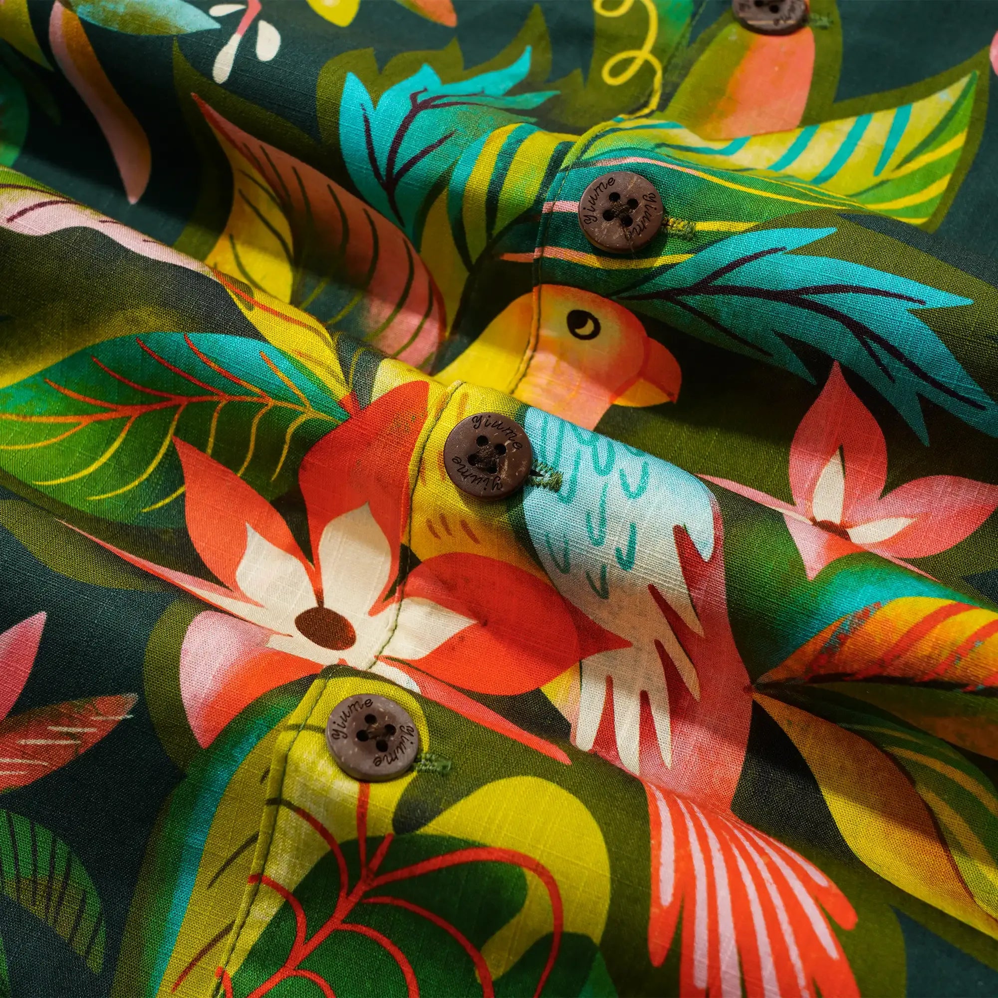Men's Hawaiian Shirt Short Sleeve Camp Collar 100% Cotton Green Aloha Parrots In The Jungle By Uta Krogmann
