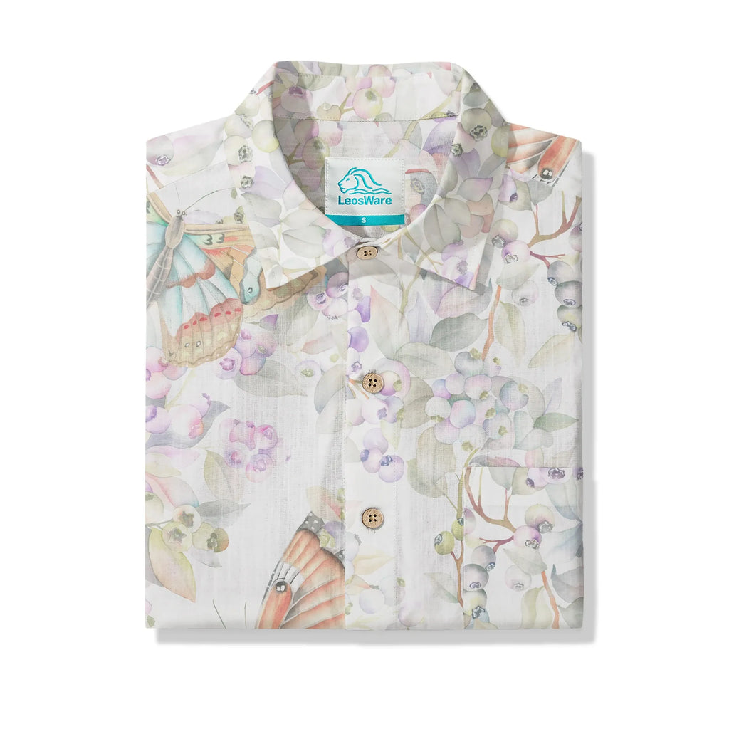 LeosWare® Men's Hawaiian Shirt Short Sleeve Button-up 100% Cotton Yellow Aloha Butterflies In The Garden By Huan huan