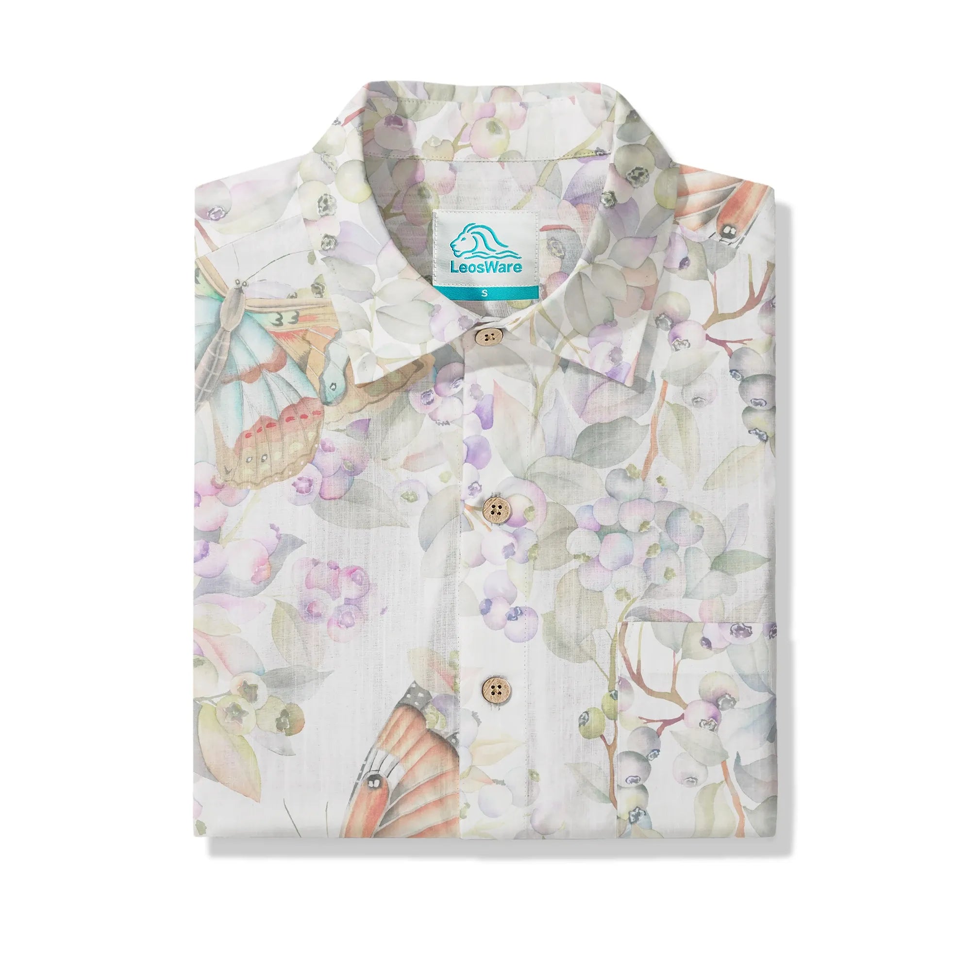 LeosWare® Men's Hawaiian Shirt Short Sleeve Button-up 100% Cotton Yellow Aloha Butterflies In The Garden By Huan huan