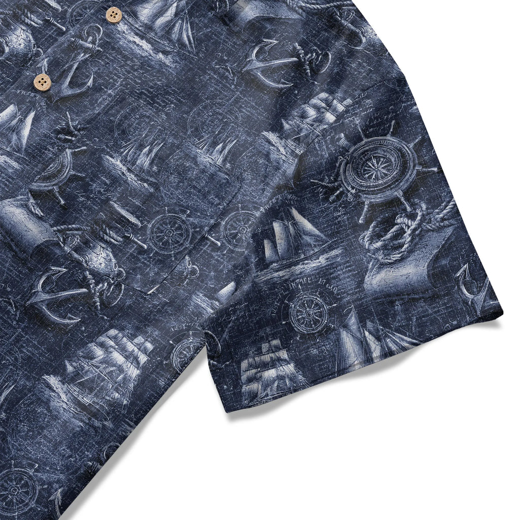 LeosWare® Men's Hawaiian Shirt Short Sleeve Button-up 100% Cotton Blue Aloha Retro Nautical Logbook By Ann