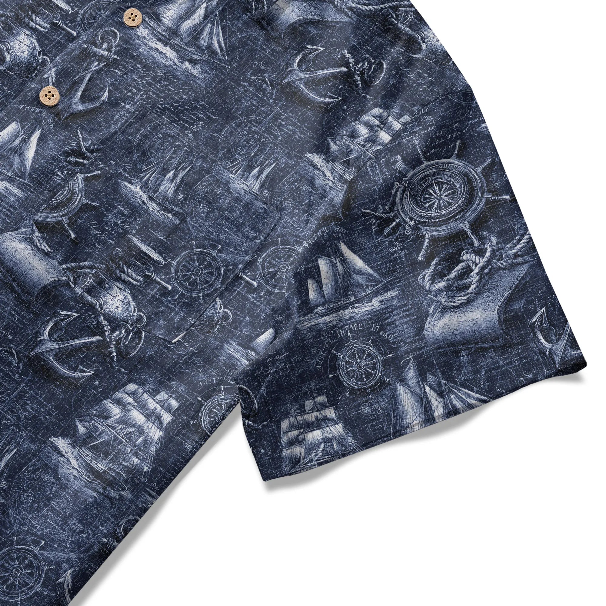 LeosWare® Men's Hawaiian Shirt Short Sleeve Button-up 100% Cotton Blue Aloha Retro Nautical Logbook By Ann