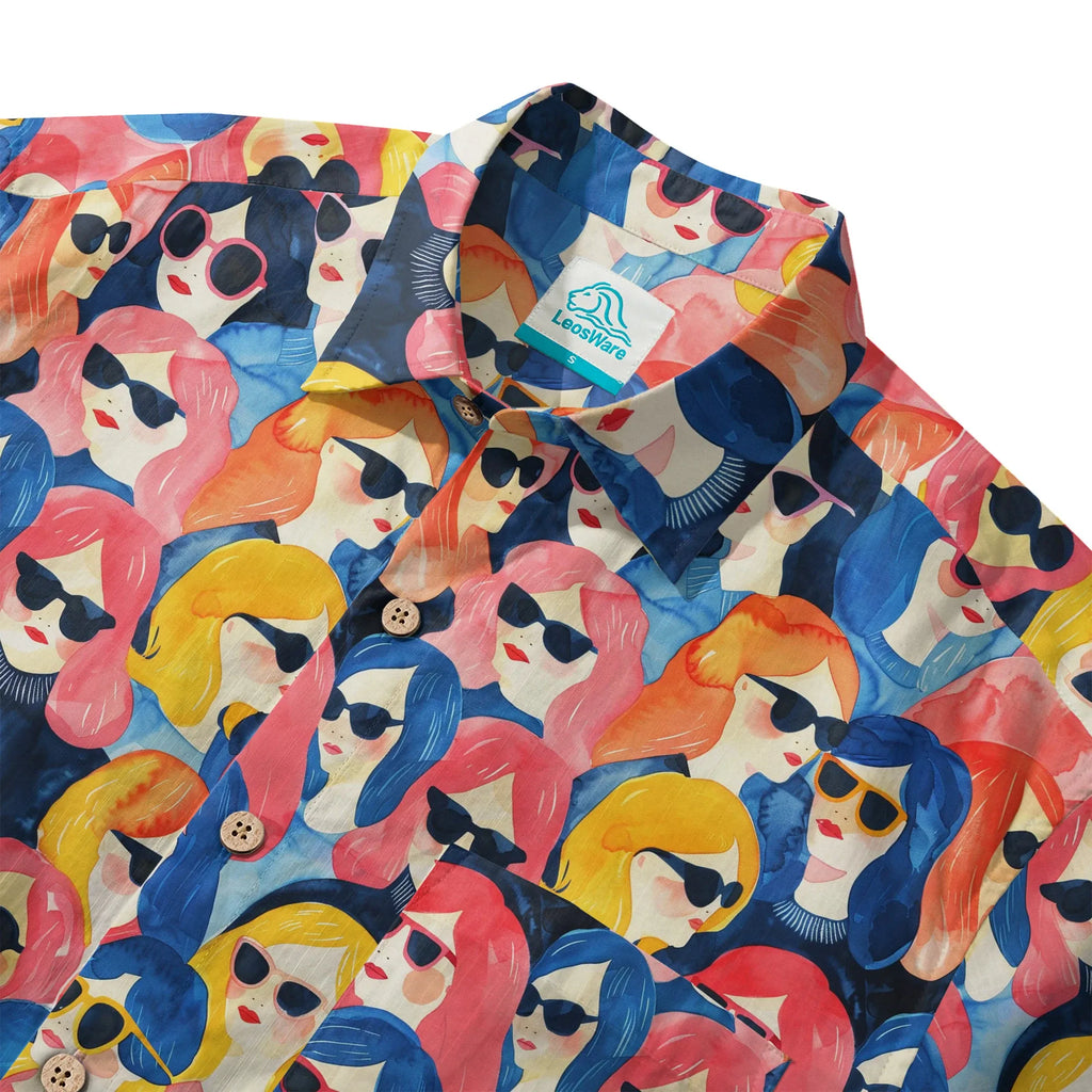 LeosWare® Men's Hawaiian Shirt Short Sleeve Button-up 100% Cotton Aloha Sunglasses Girl Party By Ann