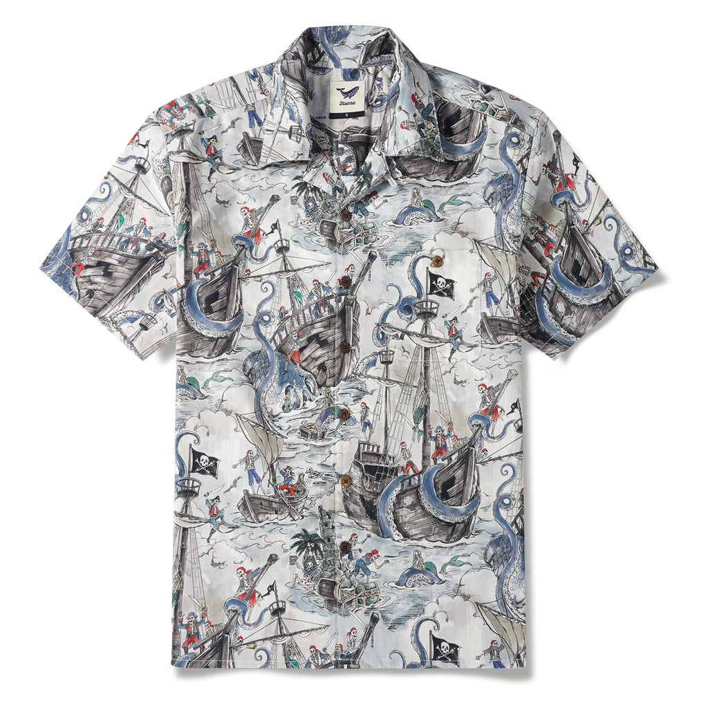 Men's Hawaiian Shirt Short Sleeve Camp Collar 100% Cotton Blue Aloha Mermaid's Skull Island By Zeke