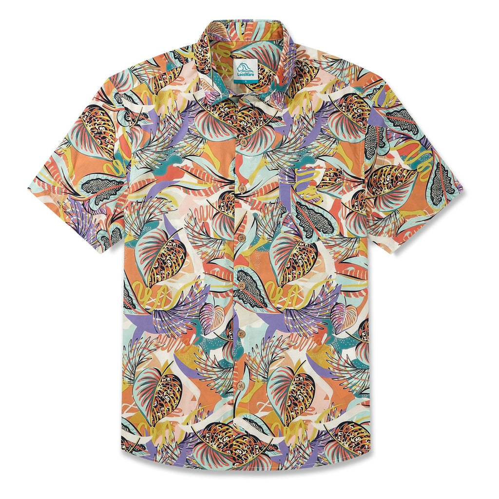 LeosWare® Men's Hawaiian Shirt Short Sleeve Button-up 100% Cotton Brown Aloha Tropical Plant Fusion Art Print By Ethan