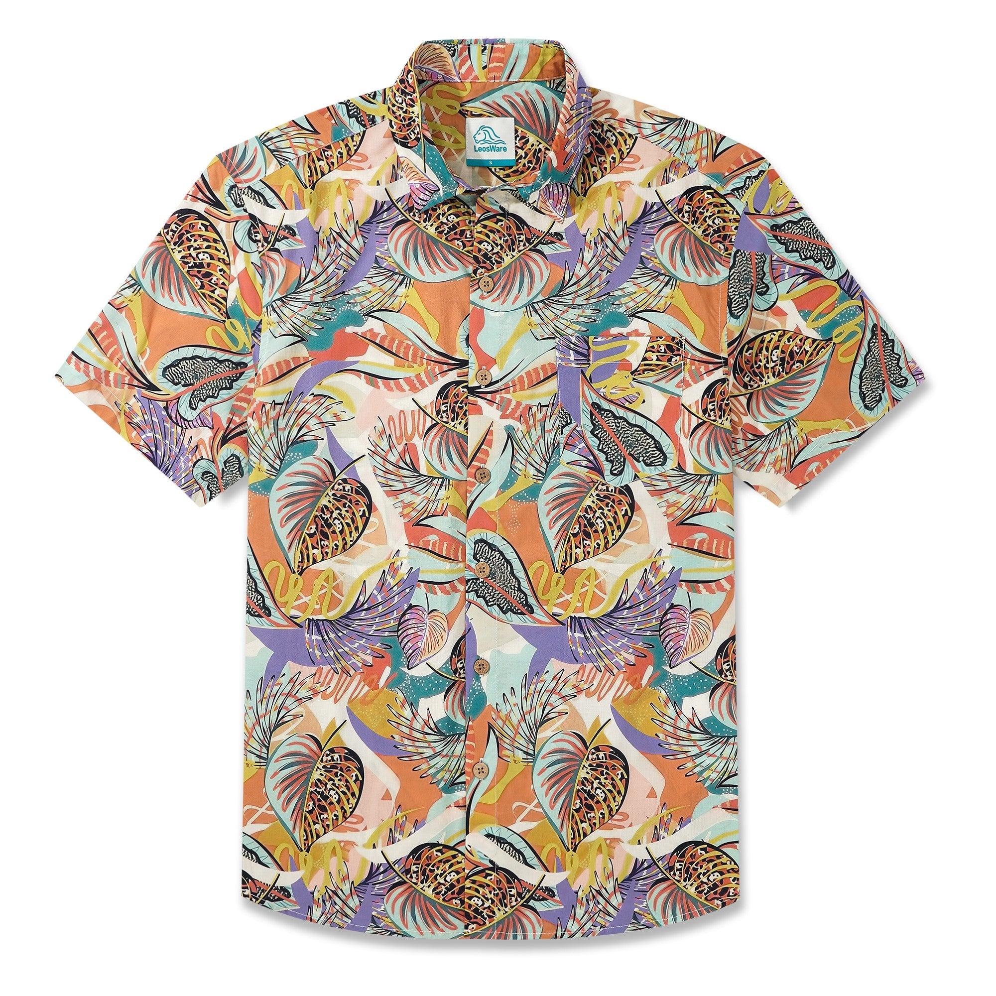 LeosWare® Men's Hawaiian Shirt Short Sleeve Button-up 100% Cotton Brown Aloha Tropical Plant Fusion Art Print By Ethan