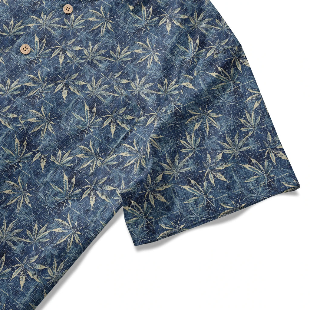 LeosWare® Men's Leaf Hawaiian Shirt Short Sleeve Button-up 100% Cotton Blue Aloha Indigo Blue Linen Leaf Pattern By Ann