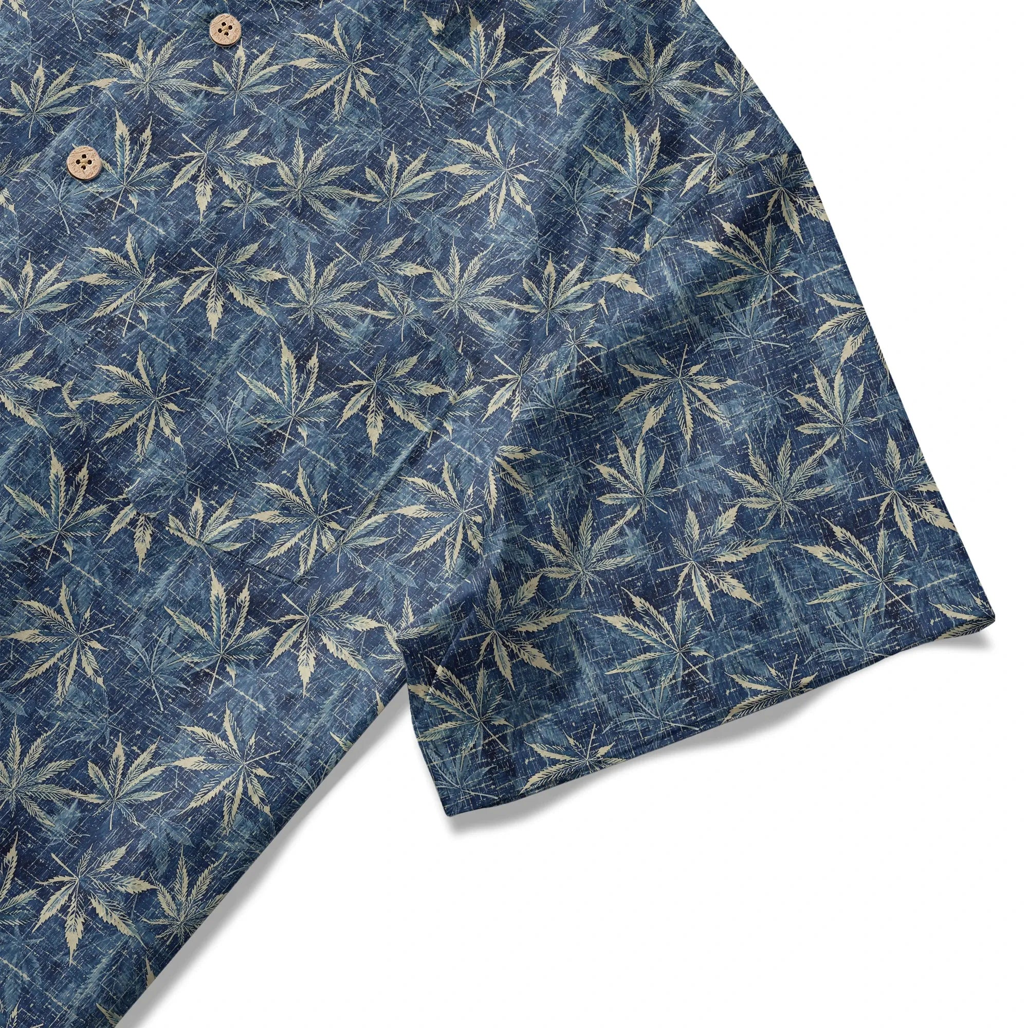 LeosWare® Men's Leaf Hawaiian Shirt Short Sleeve Button-up 100% Cotton Blue Aloha Indigo Blue Linen Leaf Pattern By Ann