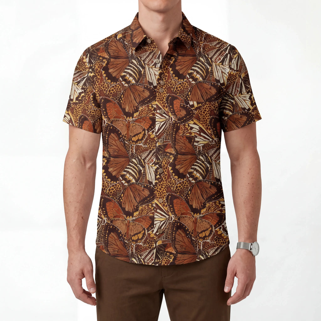 LeosWare® Men's Hawaiian Shirt Short Sleeve Button-up 100% Cotton Brown Aloha Butterfly Haven By Ann