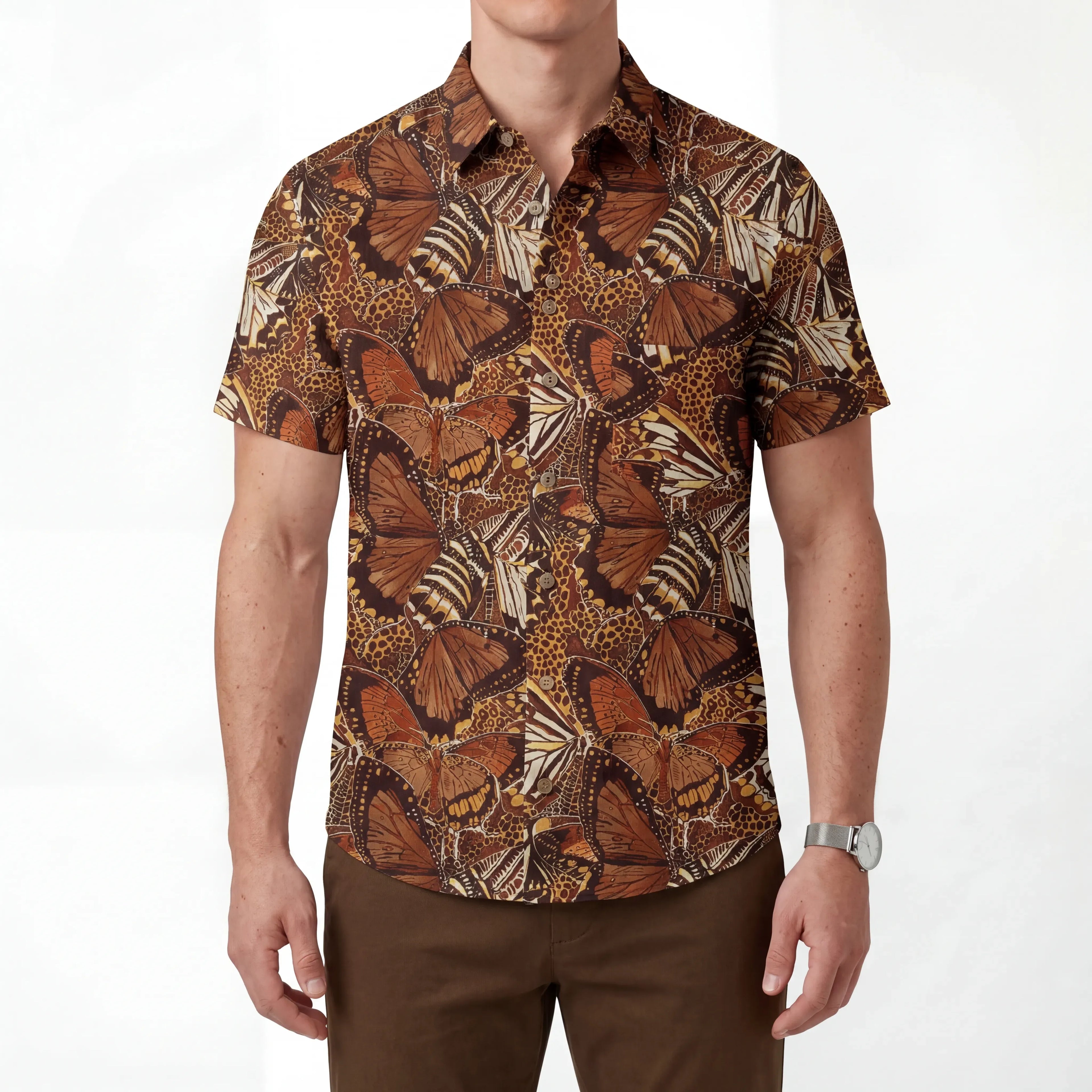 LeosWare® Men's Hawaiian Shirt Short Sleeve Button-up 100% Cotton Brown Aloha Butterfly Haven By Ann