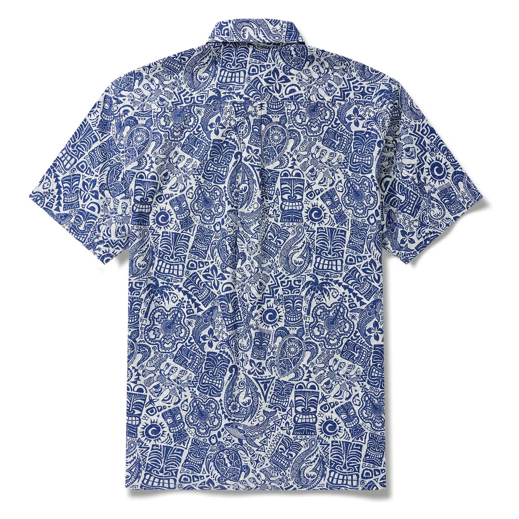 Men's Hawaiian Shirt Short Sleeve Button-down 100% Cotton Blue Aloha Tiki Retro Totem By Cigar