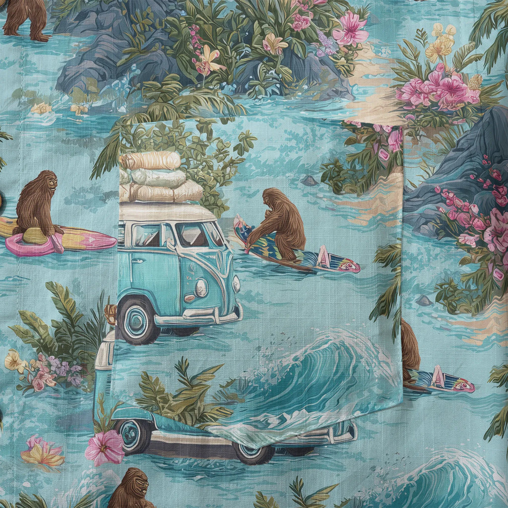 LeosWare® Men's Hawaiian Shirt Short Sleeve Button-up 100% Cotton Blue Aloha Tropical Drift Of Bigfoot By Ann