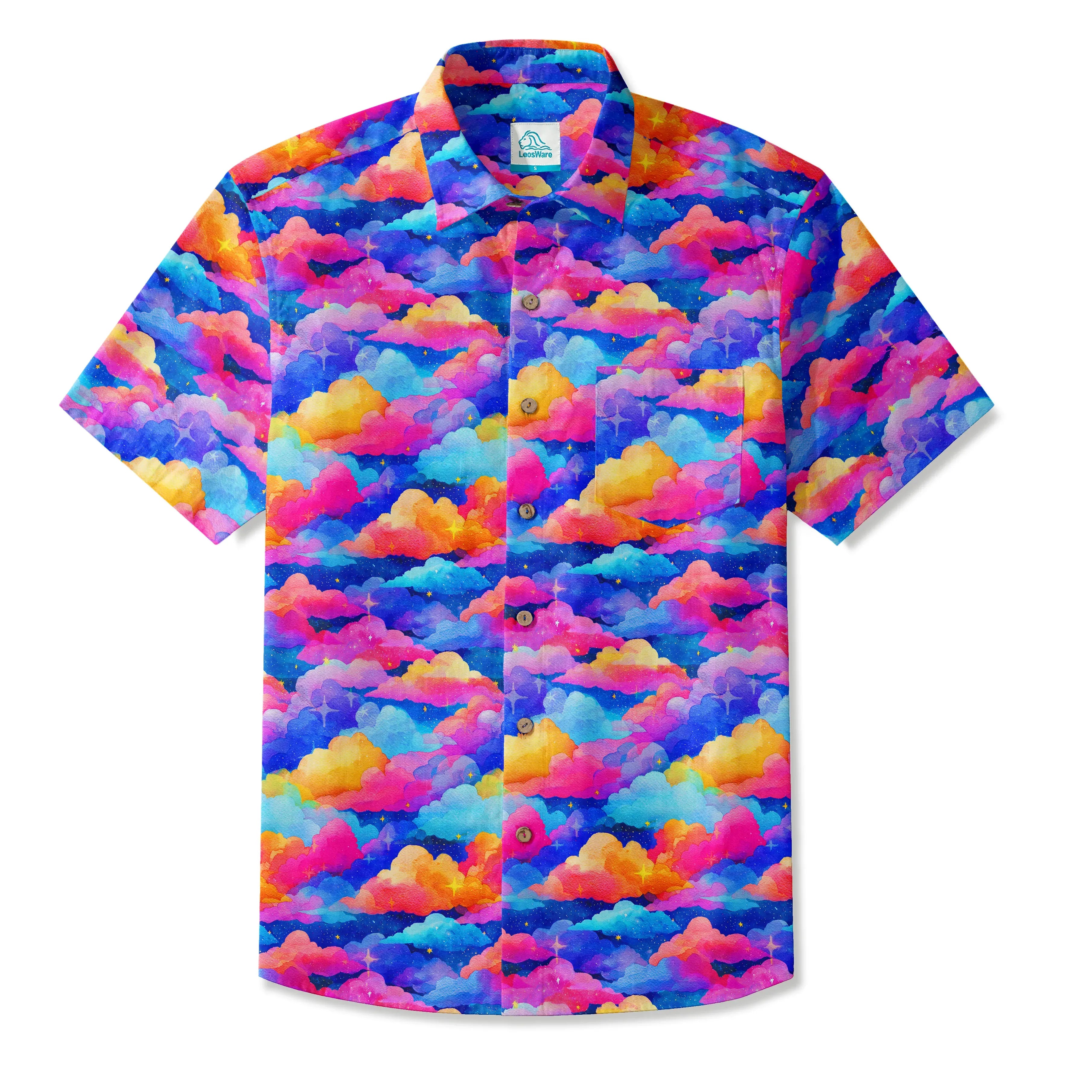 LeosWare® Men's Hawaiian Shirt Short Sleeve Button-up 100% Cotton Orange Aloha Rainbow Clouds Meadow By Ann