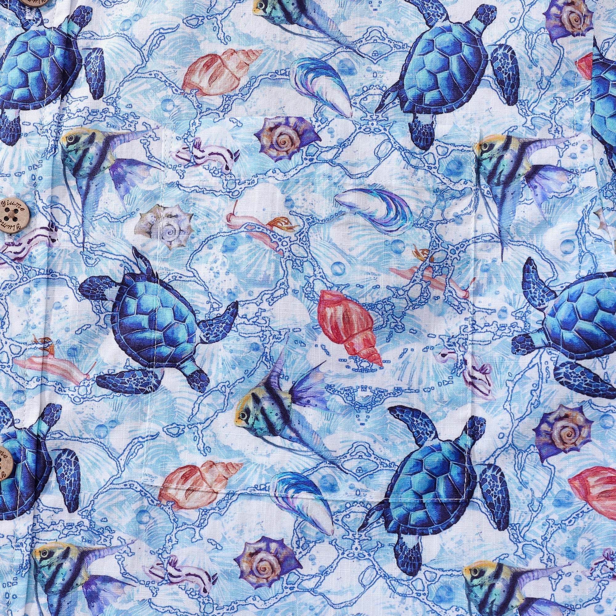 Chemise en Tissu Pour Homme Bleu Aloha en Coton avec Boutons à Manches Courtes - L'Odyssée d'une Tortue de Mer par Sun