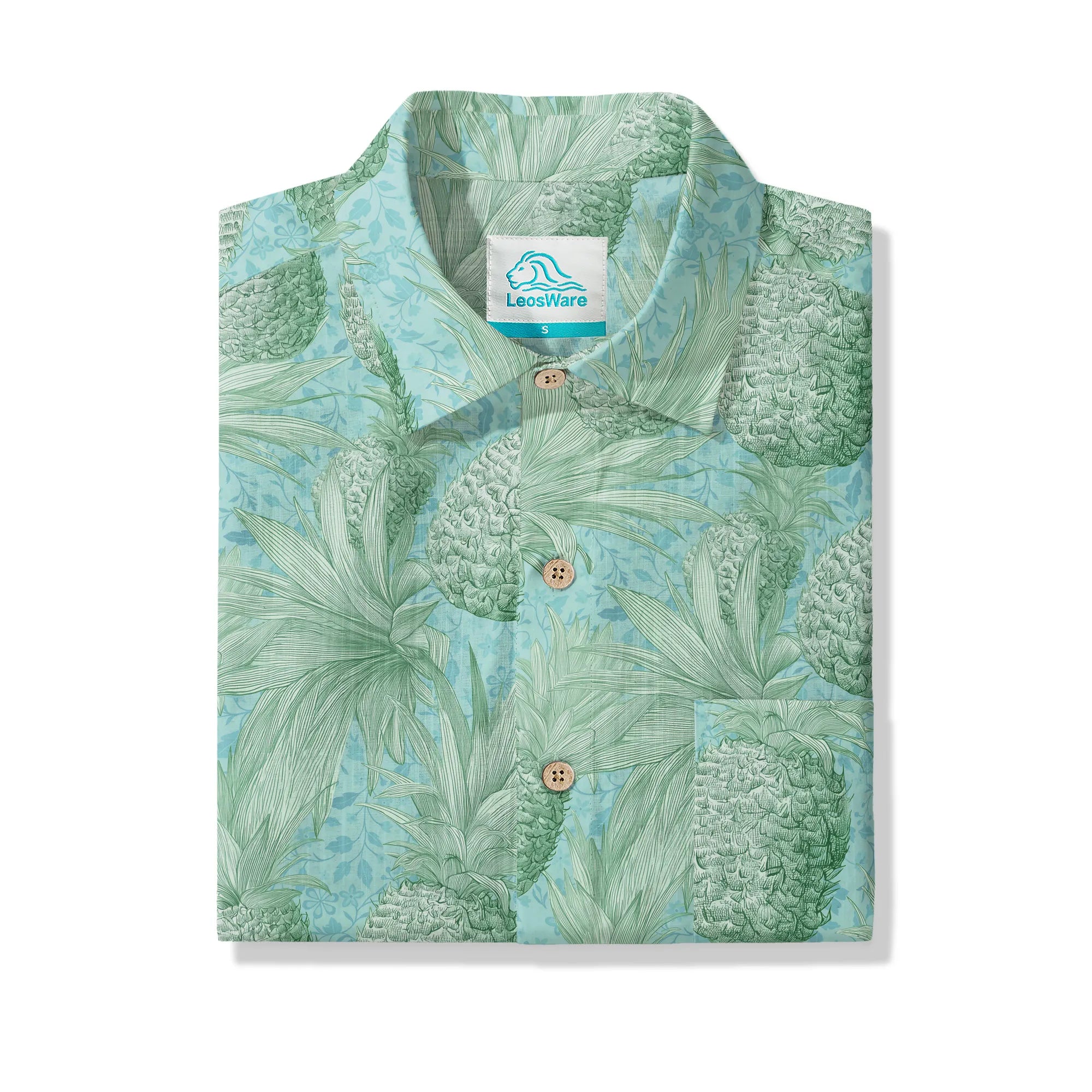 LeosWare® Men's Hawaiian Shirt Short Sleeve Button-up 100% Cotton Green Aloha Mint Green Pineapple Grove By Ann