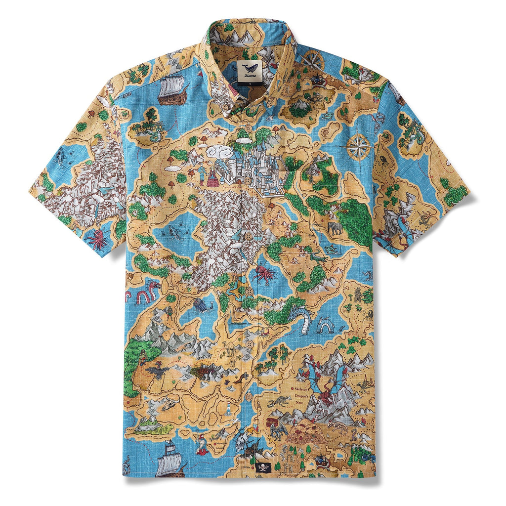 Men's Hawaiian Shirt Short Sleeve Button-down 100% Cotton Blue Aloha Enchanted World Adventure Map By Huan huan