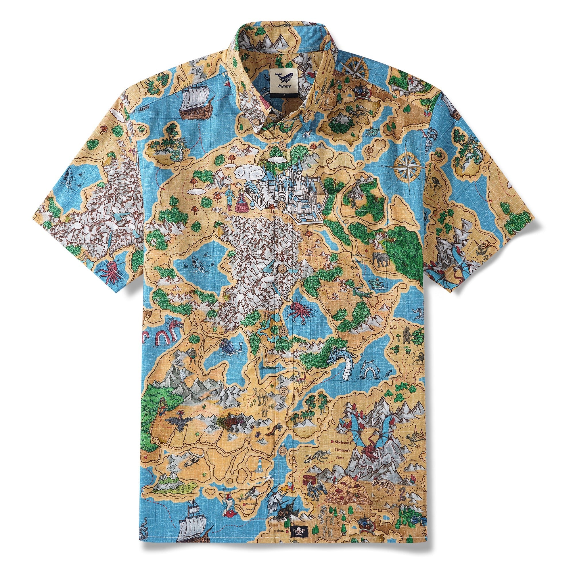 Men's Hawaiian Shirt Short Sleeve Button-down 100% Cotton Blue Aloha Enchanted World Adventure Map By Huan huan