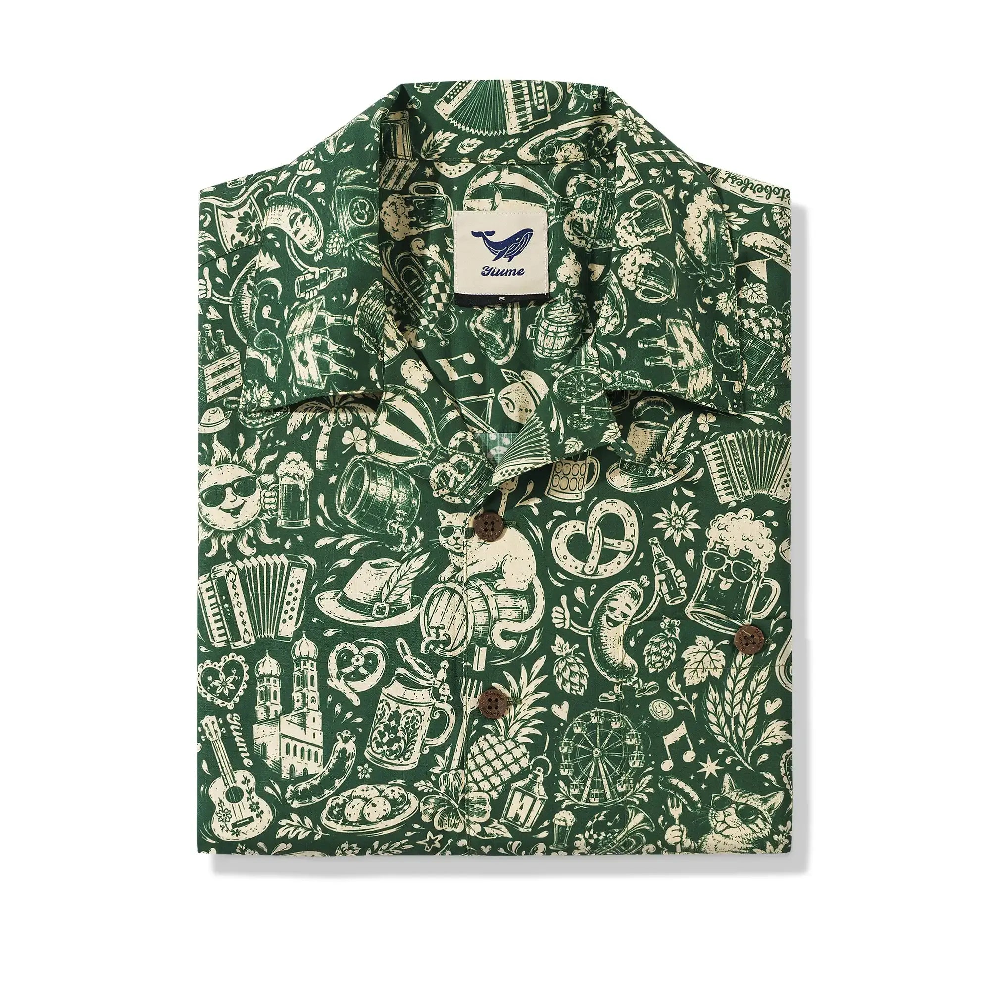 Men's Hawaiian Shirt Short Sleeve Camp Collar 100% Cotton Green Aloha Vintage Beer Festival Cheer - Green By Cigar