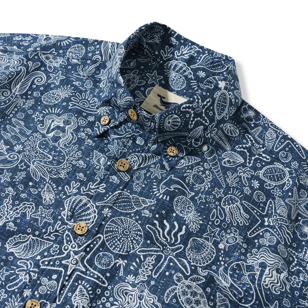 Men's Hawaiian Shirt Short Sleeve Button-down 100% Cotton Beige Aloha Coastal Doodle - Navy Blue By Huan huan