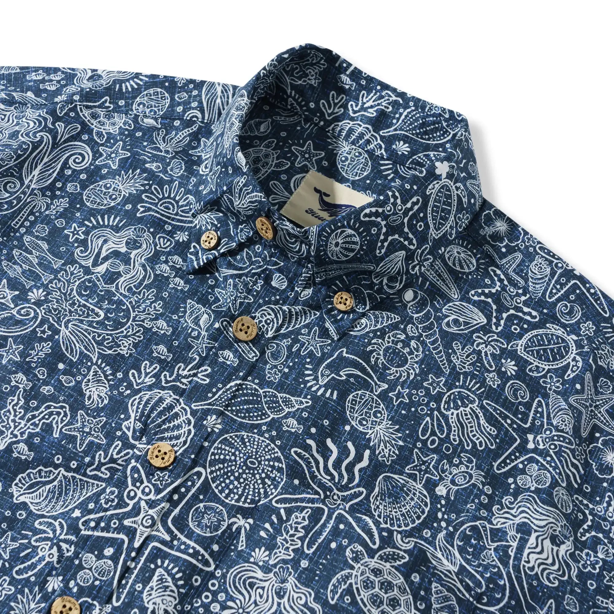 Men's Hawaiian Shirt Short Sleeve Button-down 100% Cotton Beige Aloha Coastal Doodle - Navy Blue By Huan huan
