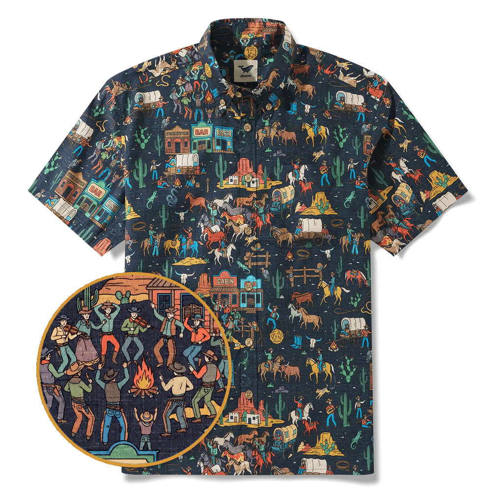 Men's Hawaiian Shirt Short Sleeve Button-down 100% Cotton Blue Aloha Vintage Denim Frontier Town By Huan huan